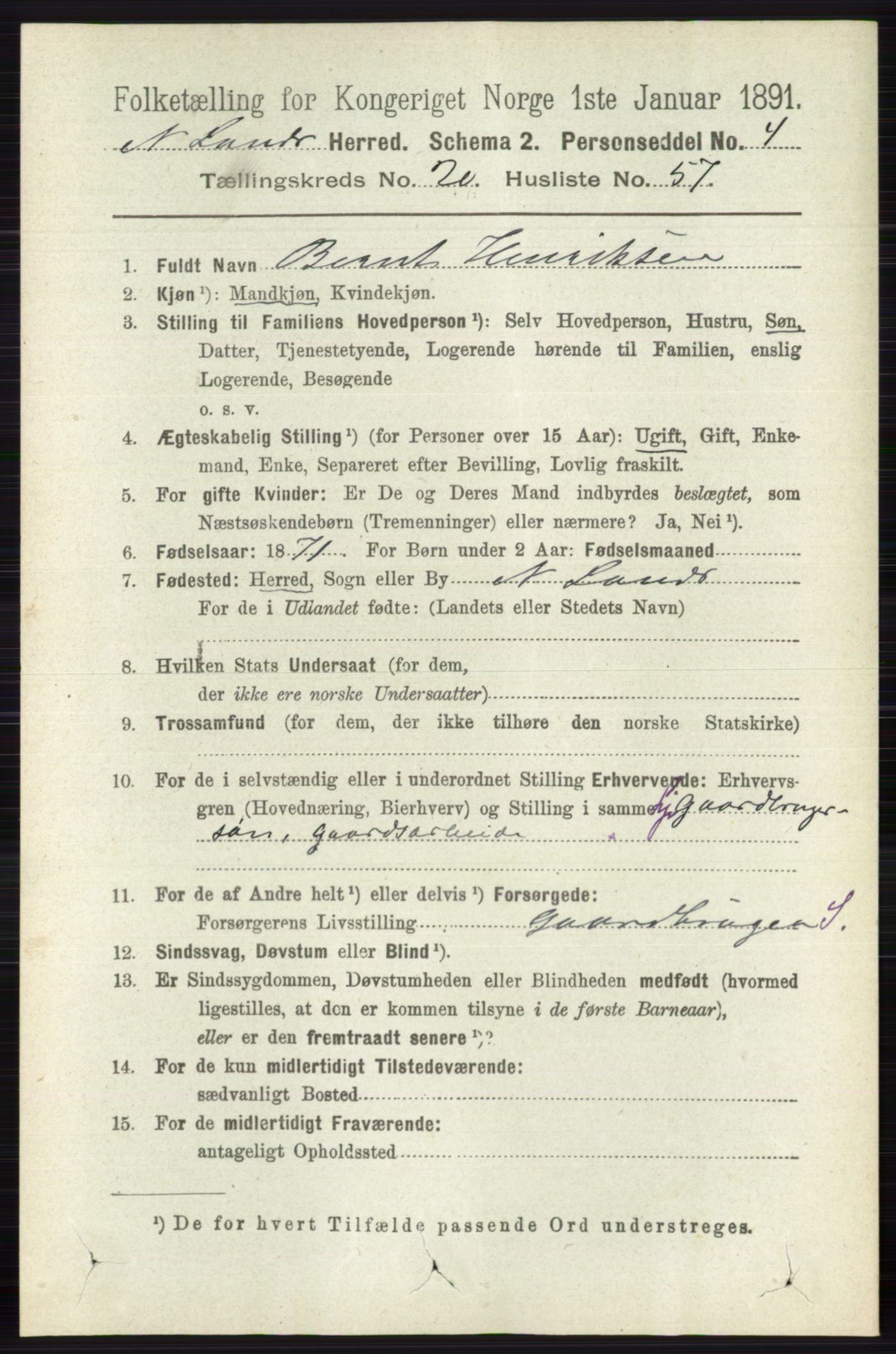 RA, 1891 census for 0538 Nordre Land, 1891, p. 5210