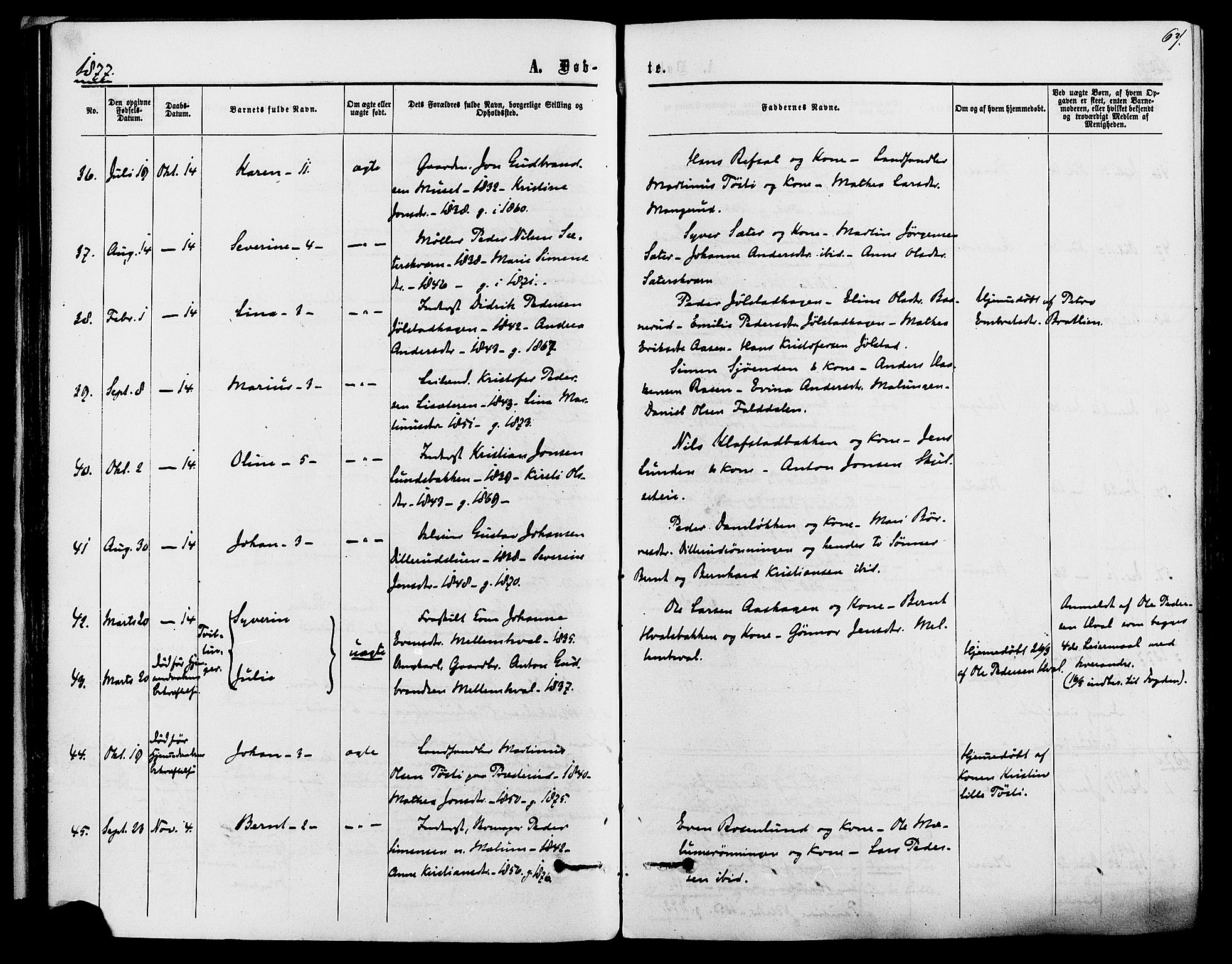 Romedal prestekontor, SAH/PREST-004/K/L0006: Parish register (official) no. 6, 1866-1886, p. 67