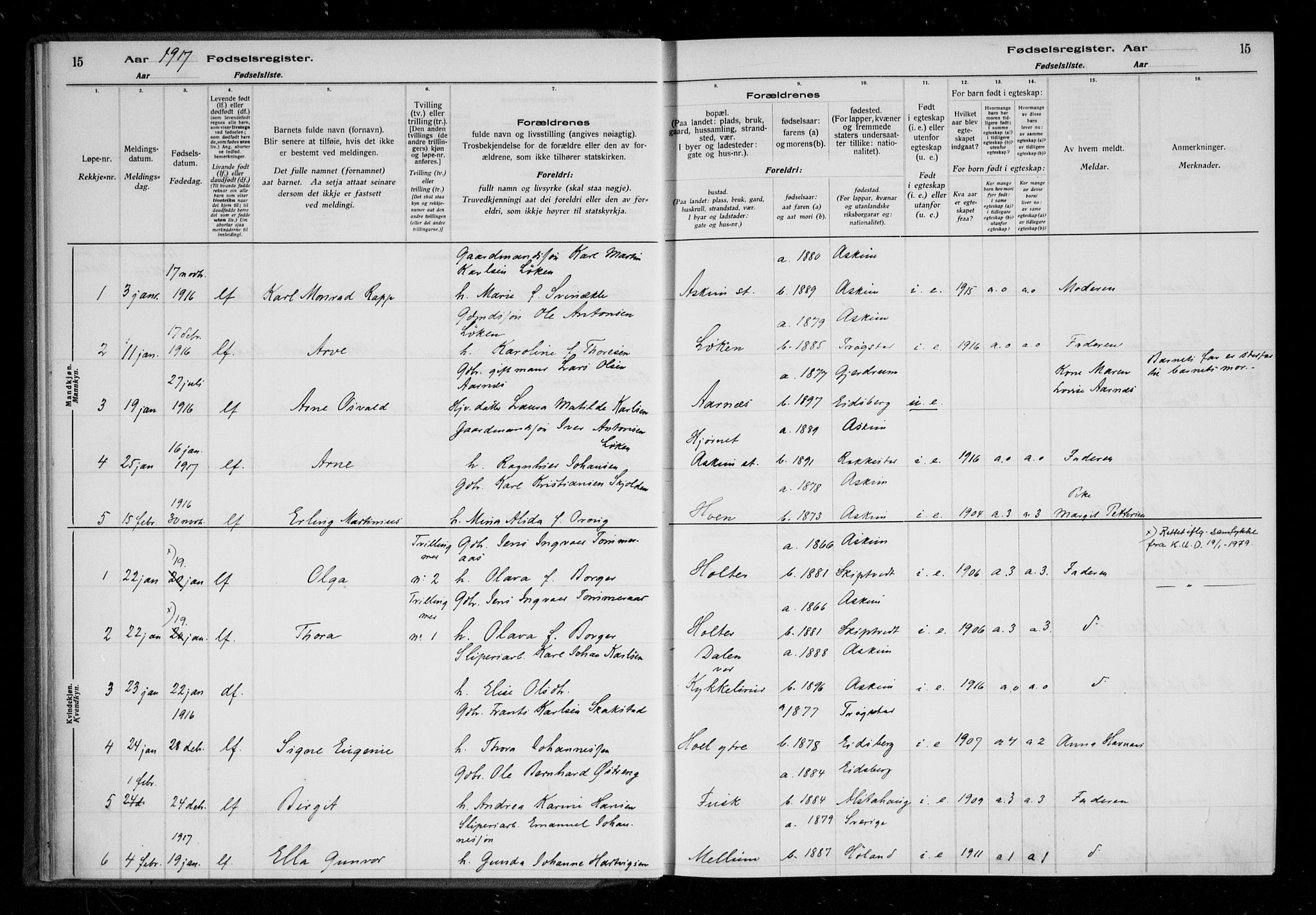 Askim prestekontor Kirkebøker, AV/SAO-A-10900/J/Ja/L0001: Birth register no. 1, 1916-1929, p. 15