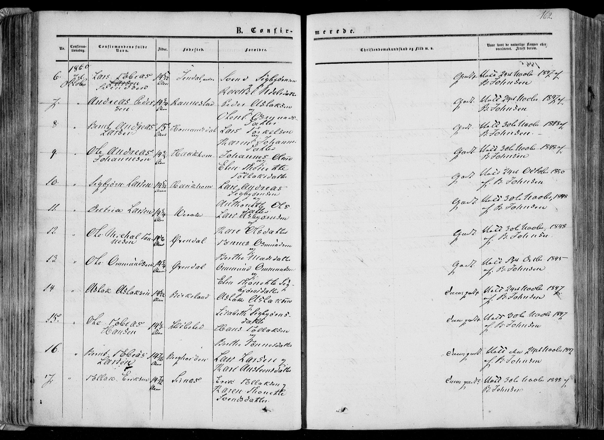 Bakke sokneprestkontor, AV/SAK-1111-0002/F/Fa/Faa/L0006: Parish register (official) no. A 6, 1855-1877, p. 162