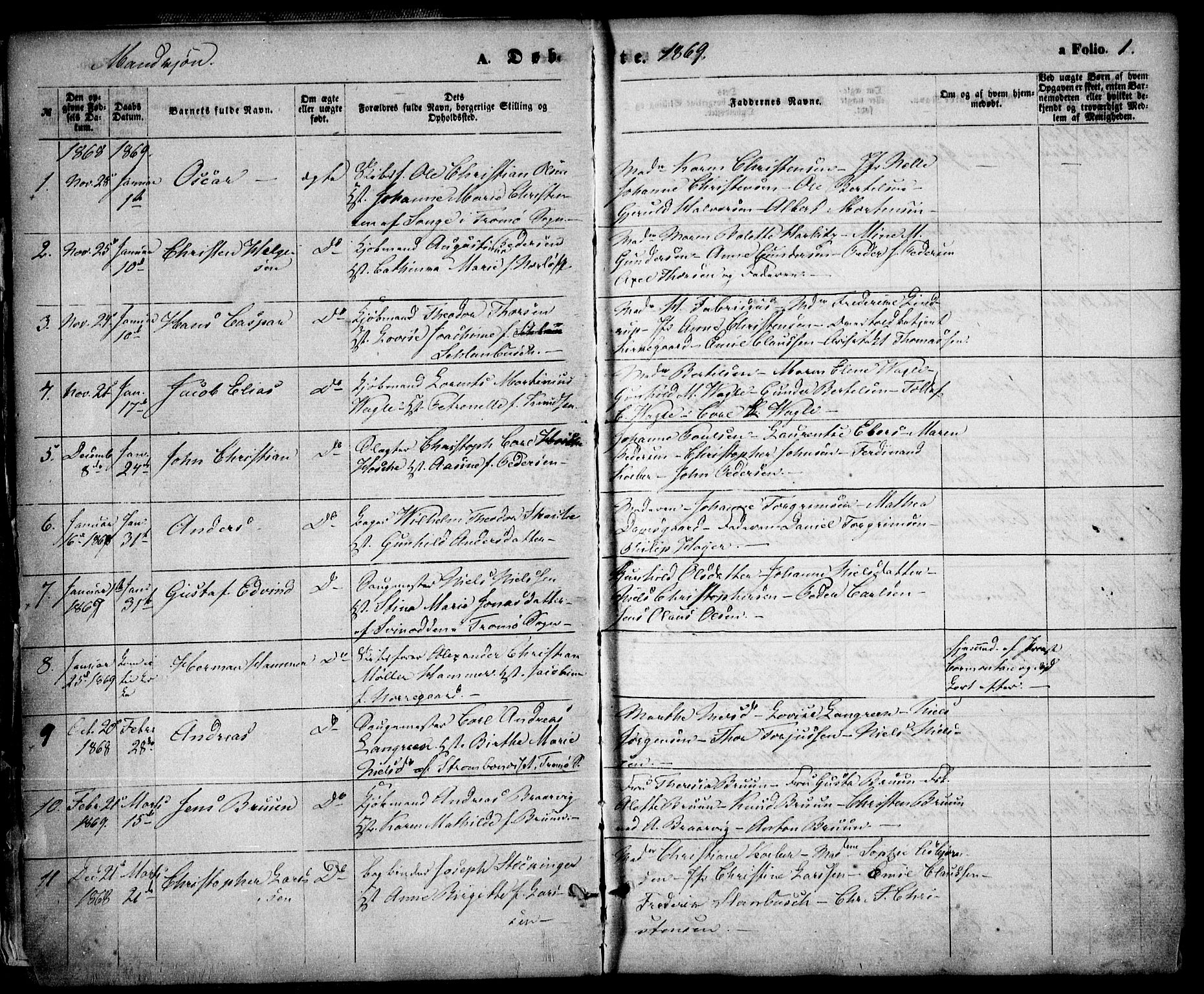 Arendal sokneprestkontor, Trefoldighet, SAK/1111-0040/F/Fa/L0007: Parish register (official) no. A 7, 1868-1878, p. 1