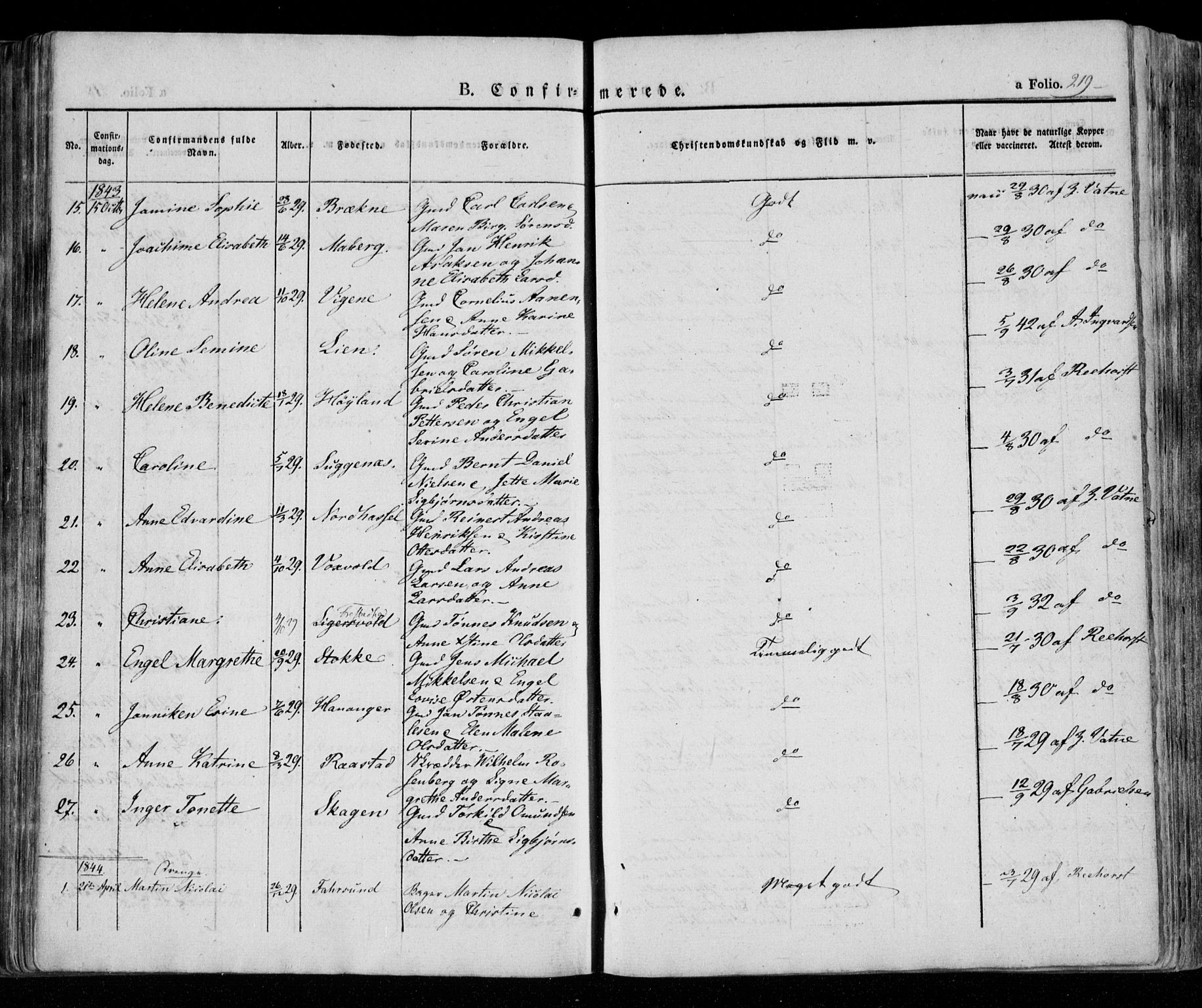 Lista sokneprestkontor, AV/SAK-1111-0027/F/Fa/L0009: Parish register (official) no. A 9, 1835-1846, p. 219