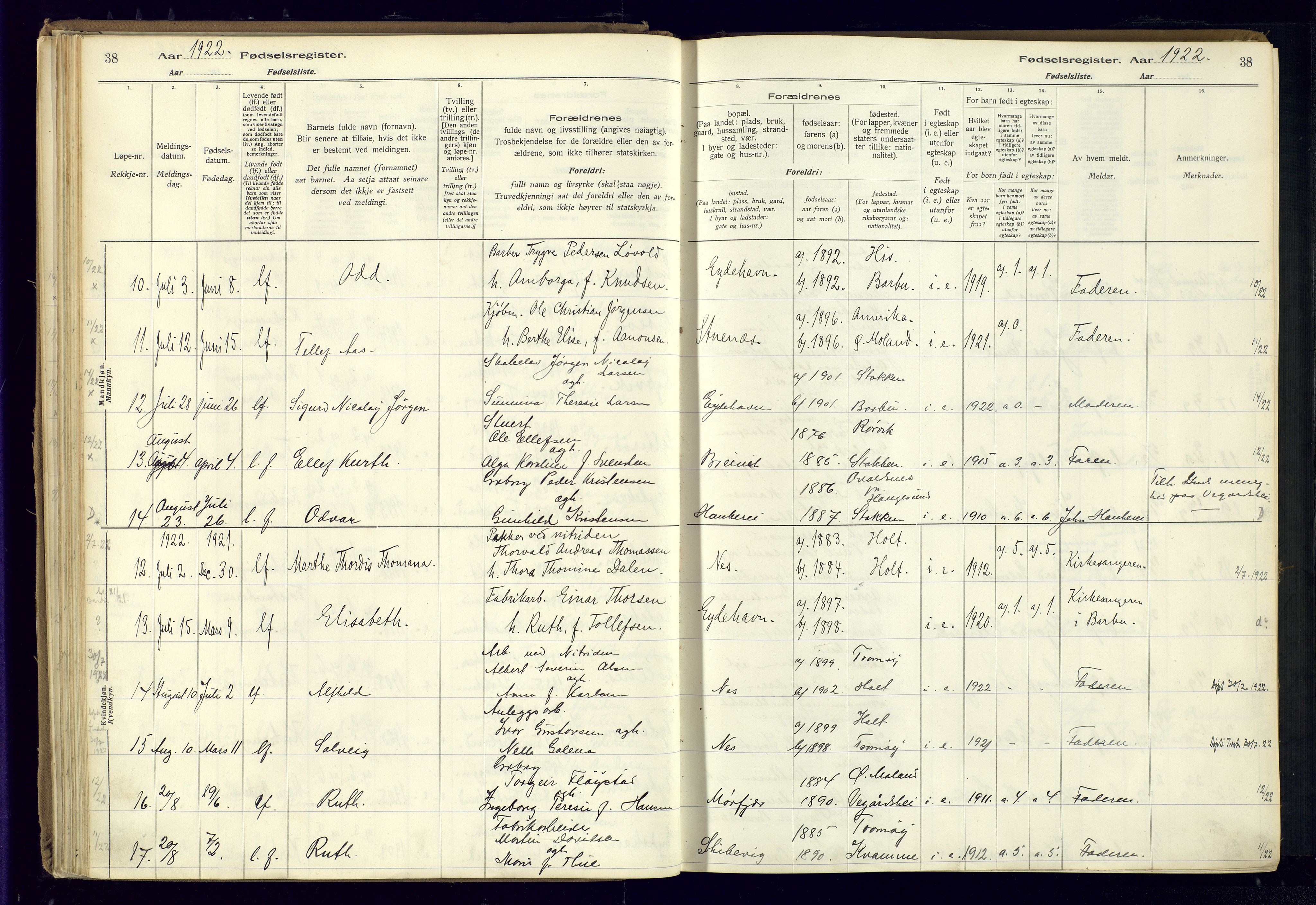 Austre Moland sokneprestkontor, AV/SAK-1111-0001/J/Ja/L0003: Birth register no. A-VI-27, 1916-1950, p. 38