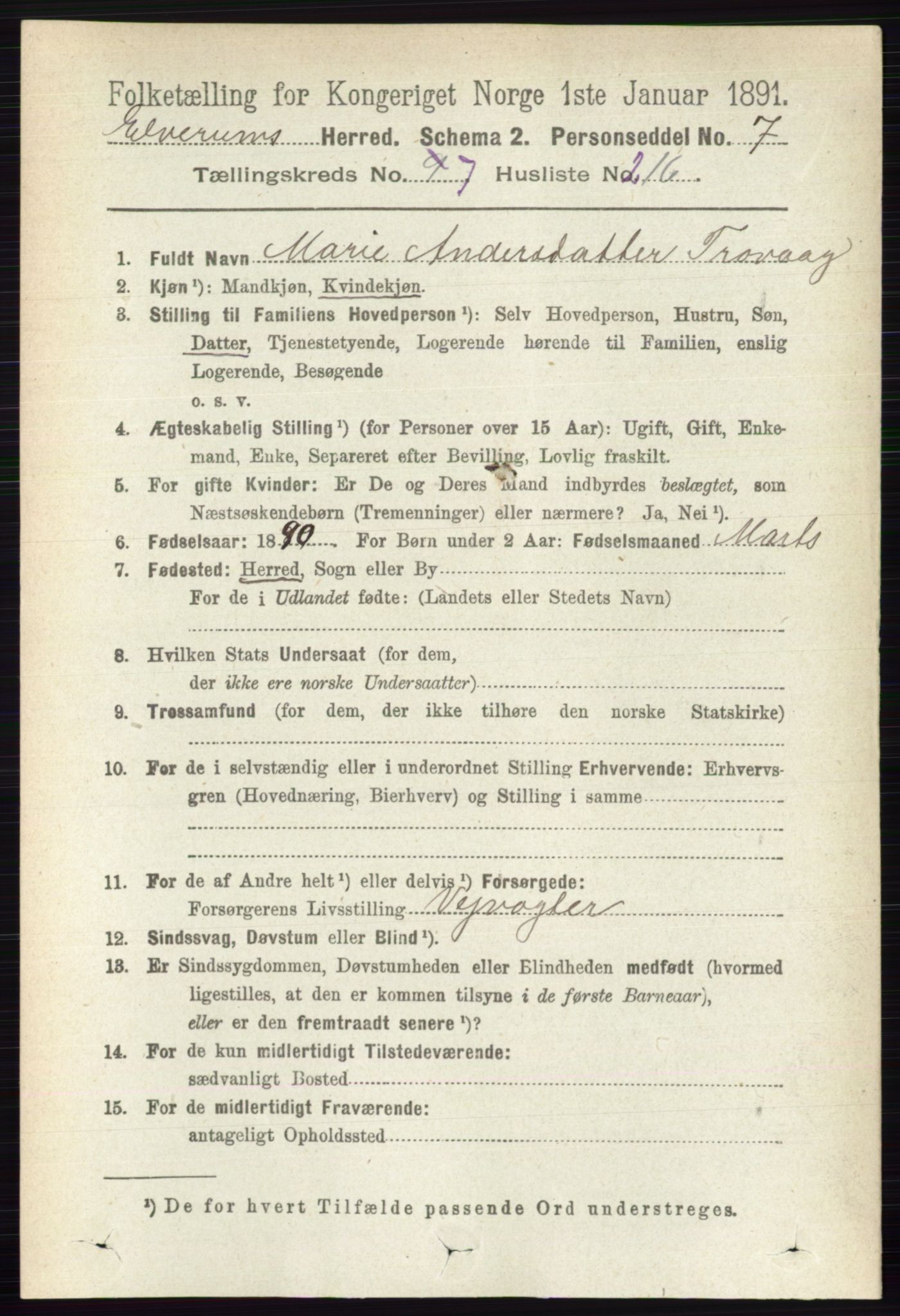 RA, 1891 census for 0427 Elverum, 1891, p. 6904