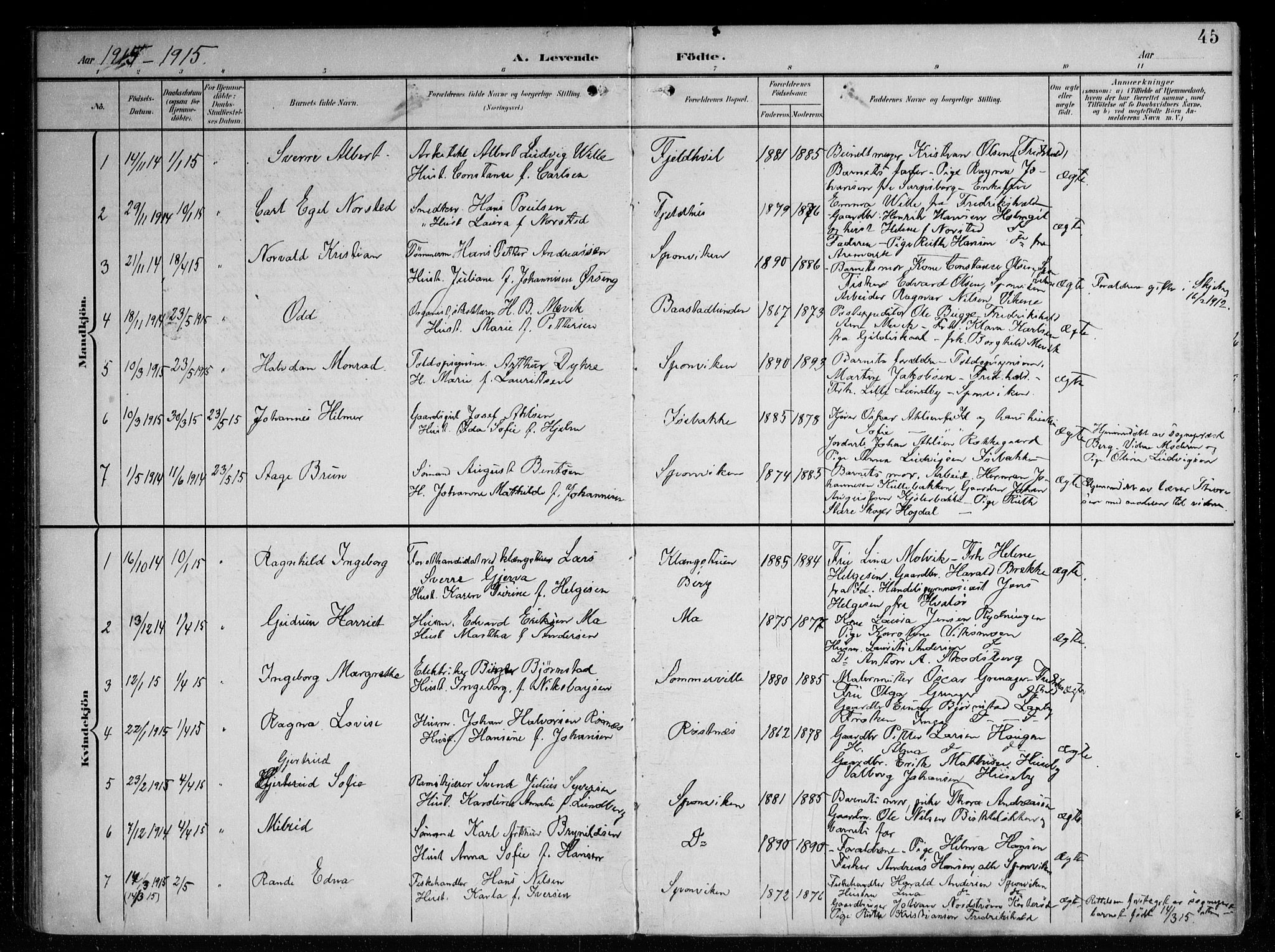 Berg prestekontor Kirkebøker, AV/SAO-A-10902/F/Fa/L0008: Parish register (official) no. I 8, 1902-1920, p. 45