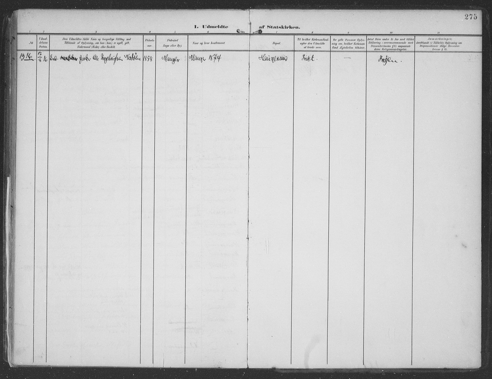 Haugesund sokneprestkontor, SAST/A -101863/H/Ha/Haa/L0007: Parish register (official) no. A 7, 1904-1916, p. 275