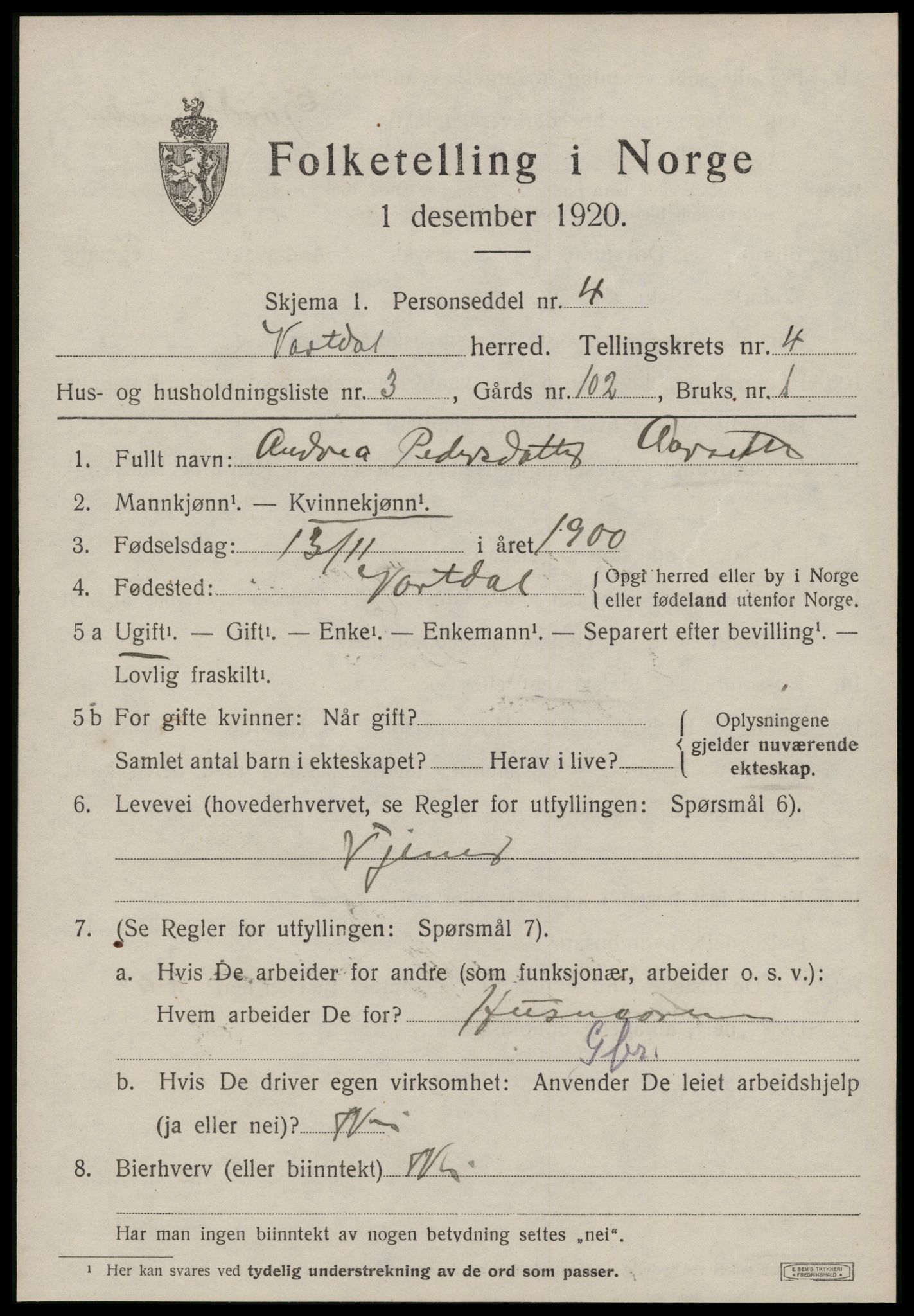 SAT, 1920 census for Vartdal, 1920, p. 1685