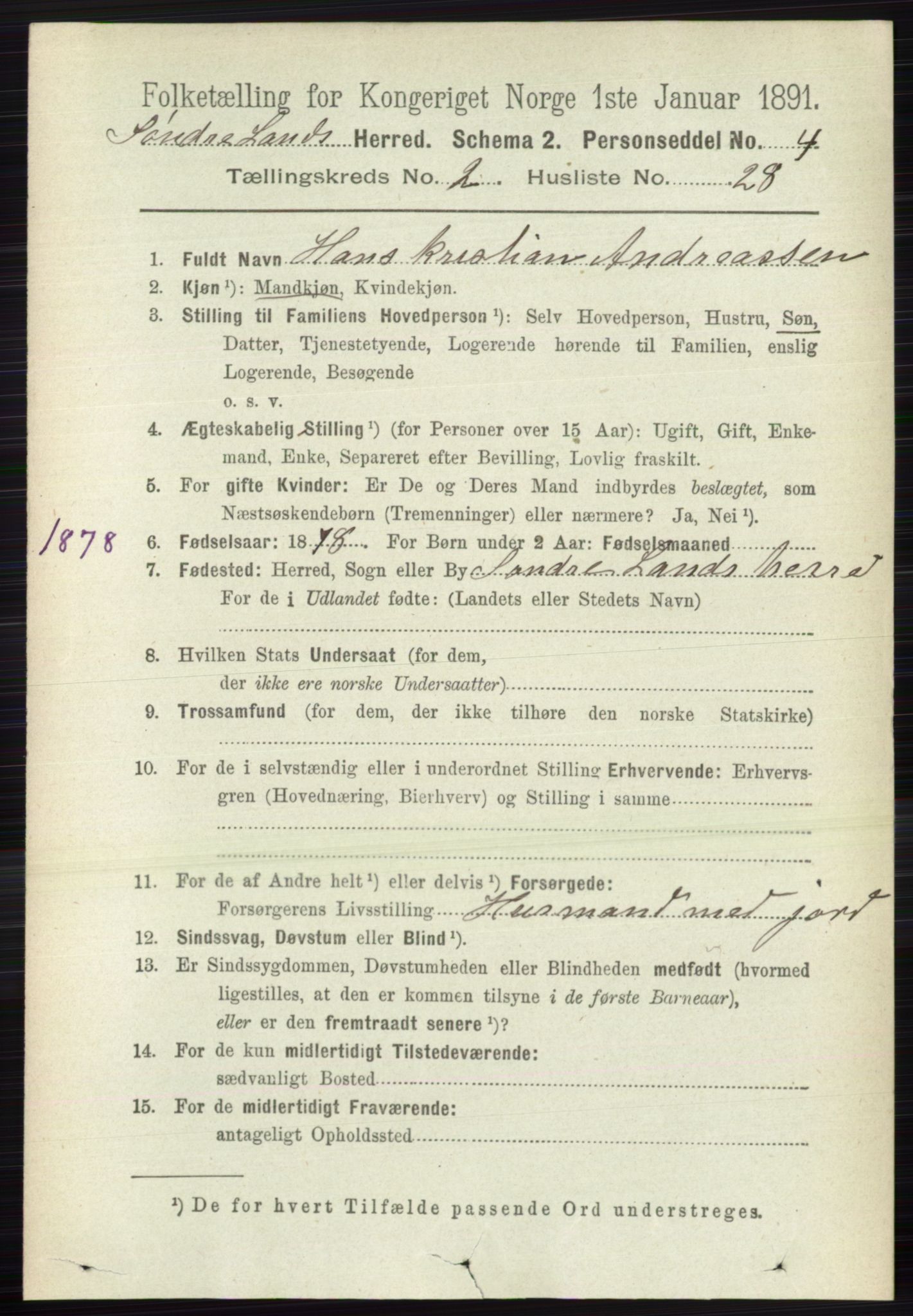 RA, 1891 census for 0536 Søndre Land, 1891, p. 1213