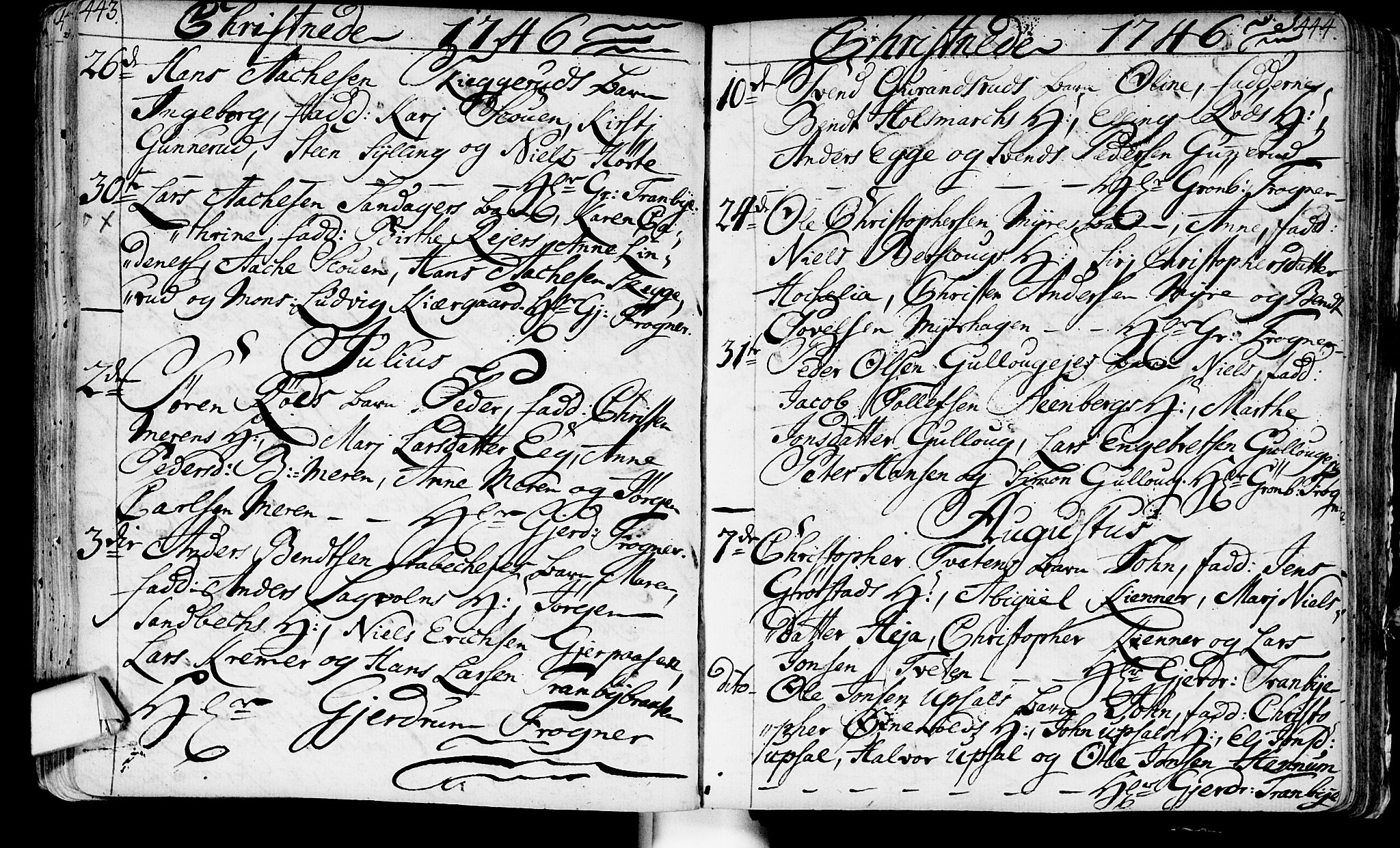 Lier kirkebøker, AV/SAKO-A-230/F/Fa/L0003: Parish register (official) no. I 3, 1727-1748, p. 443-444