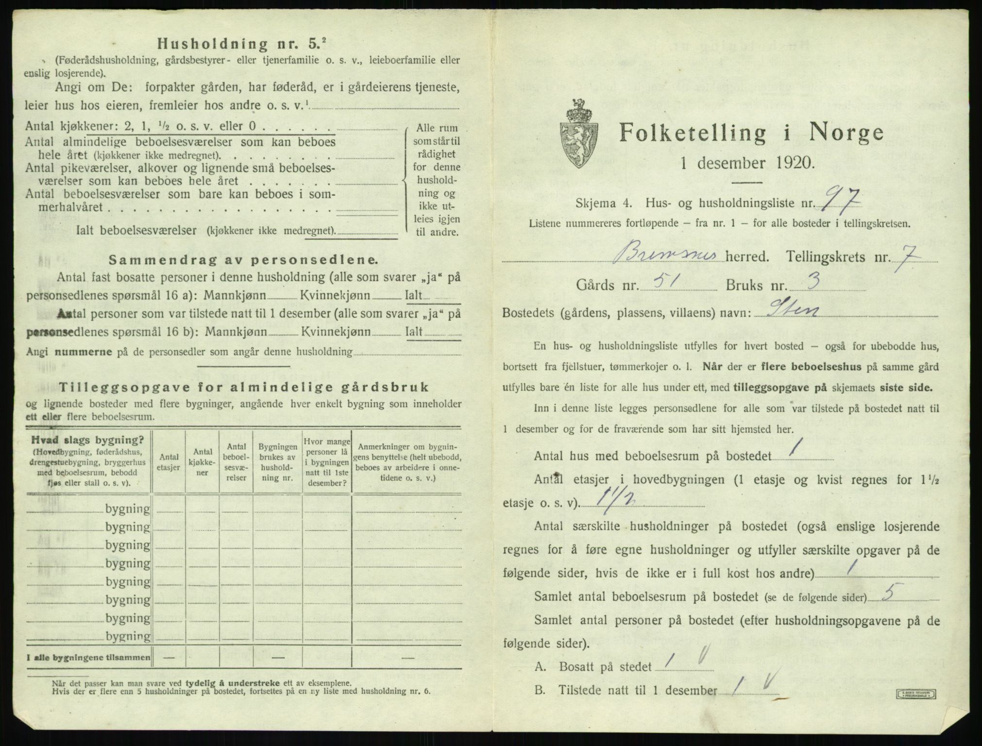 SAT, 1920 census for Bremsnes, 1920, p. 911