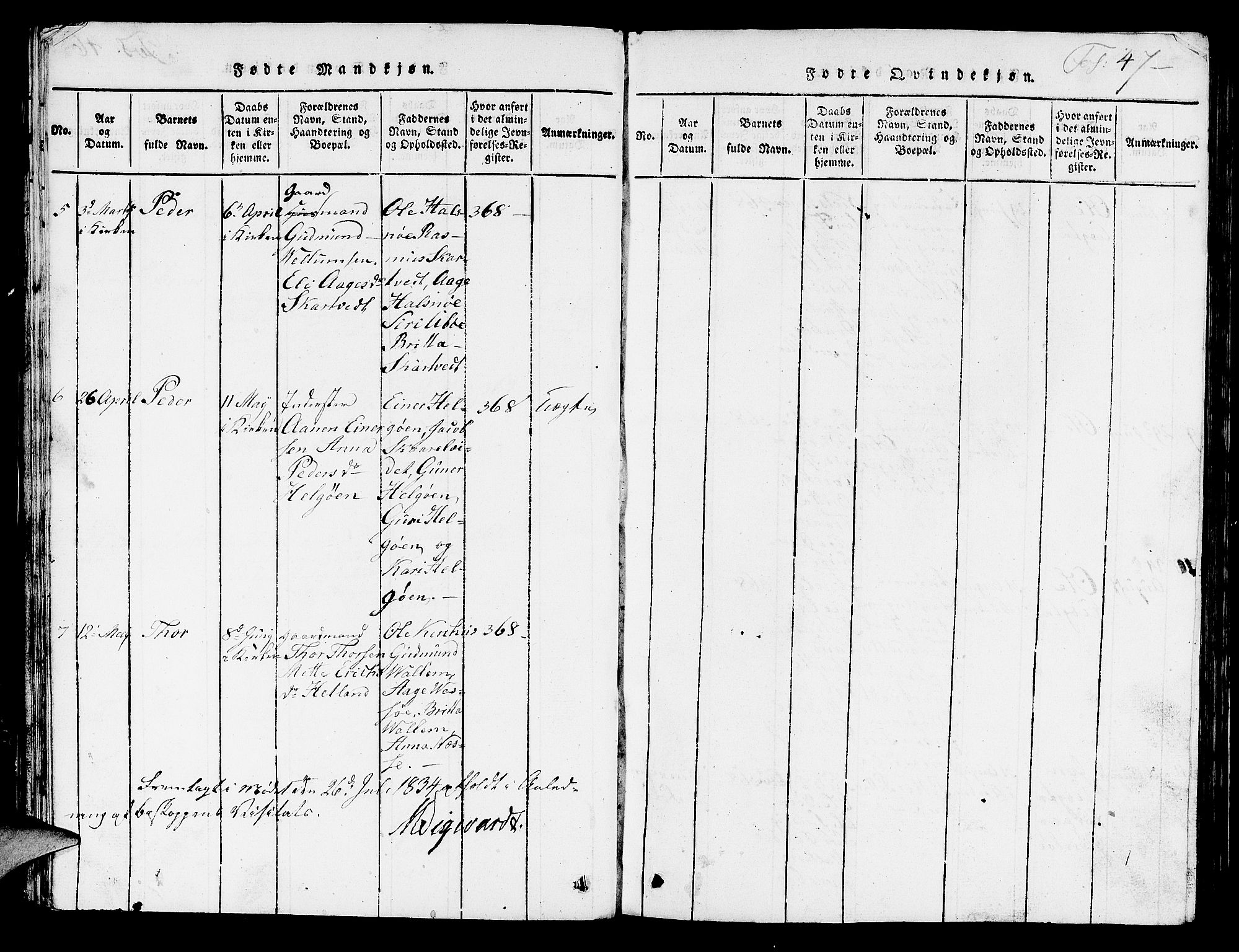 Hjelmeland sokneprestkontor, AV/SAST-A-101843/01/V/L0003: Parish register (copy) no. B 3, 1816-1841, p. 47