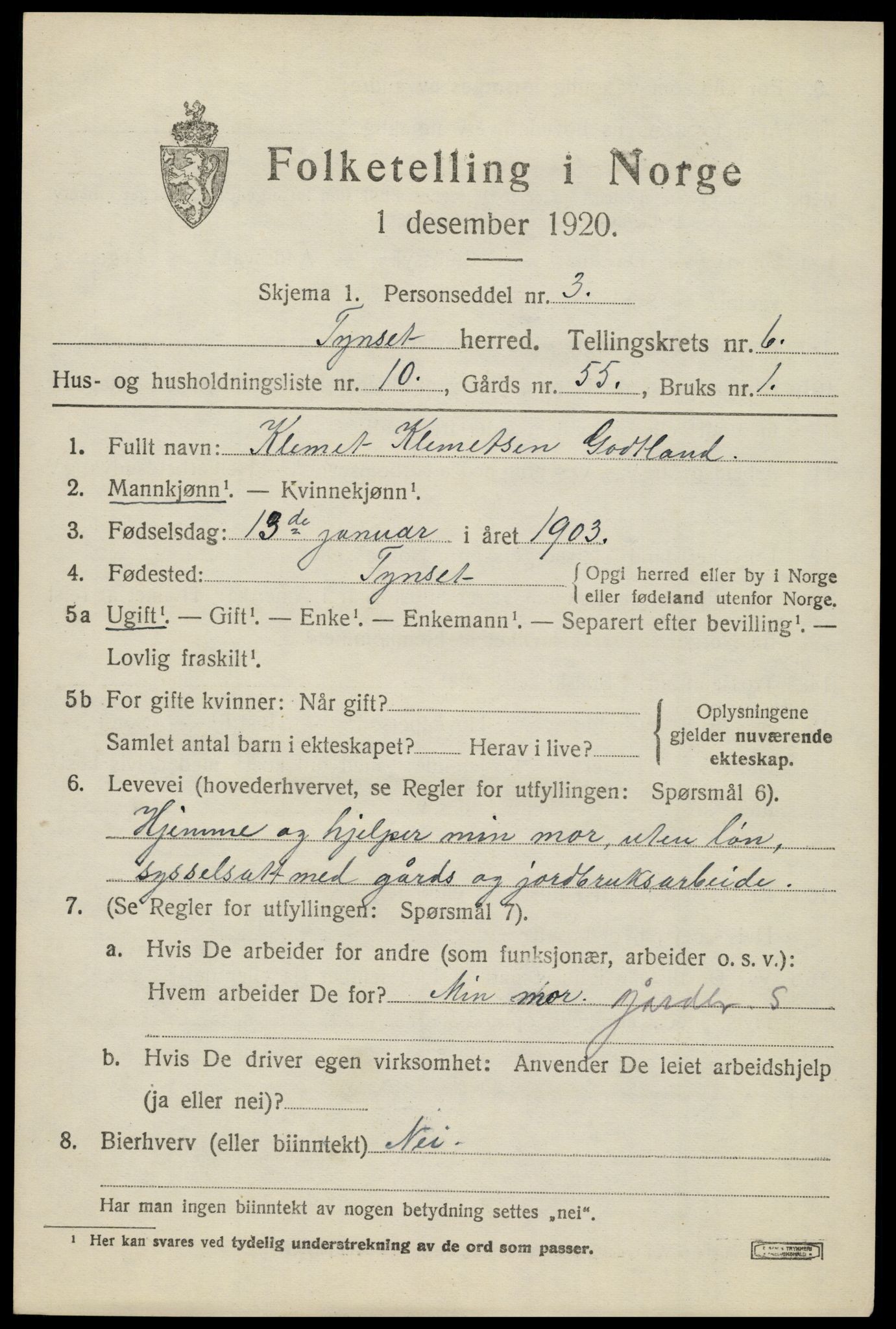 SAH, 1920 census for Tynset, 1920, p. 5632