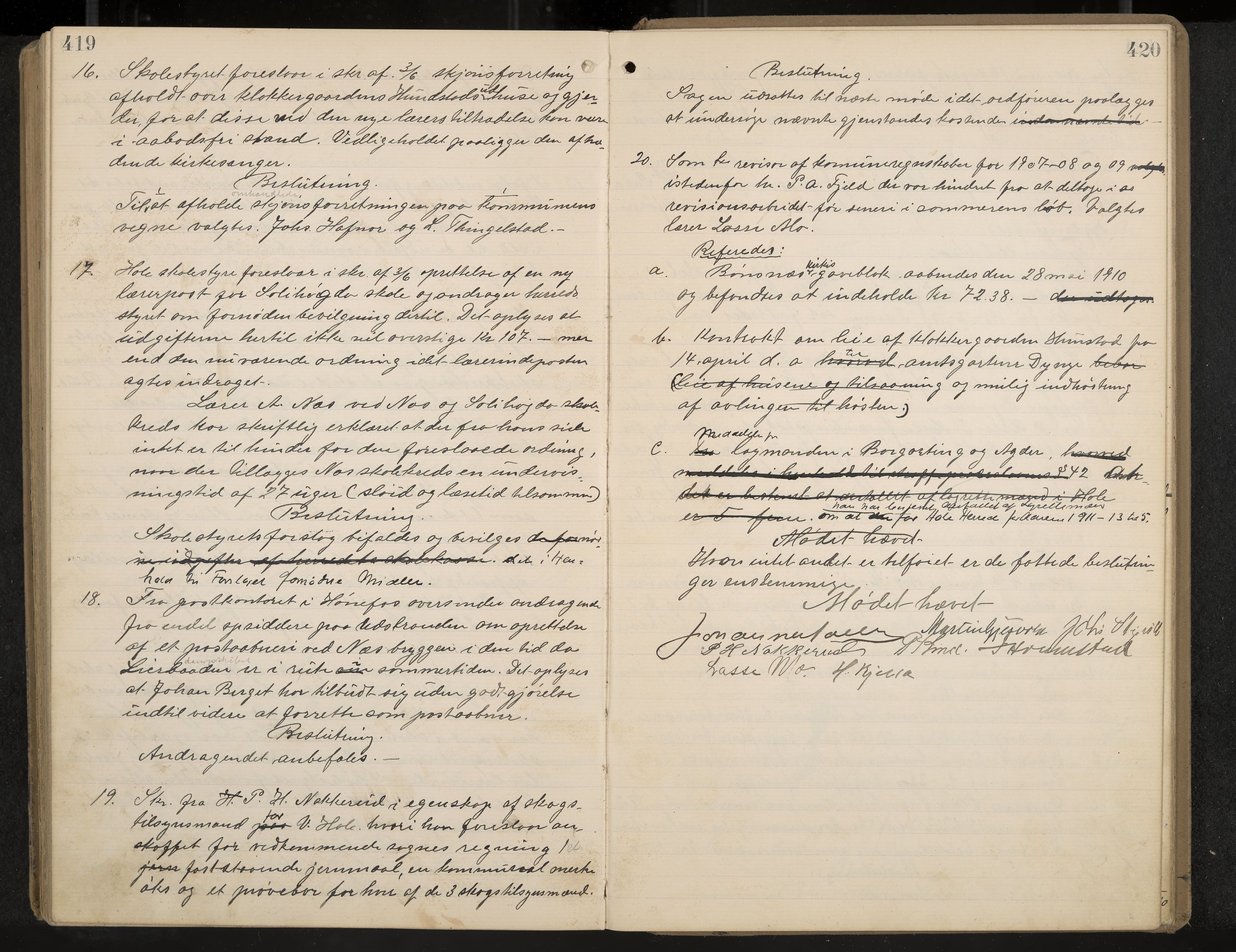 Hole formannskap og sentraladministrasjon, IKAK/0612021-1/A/Aa/L0004: Møtebok med register, 1902-1910, p. 419-420