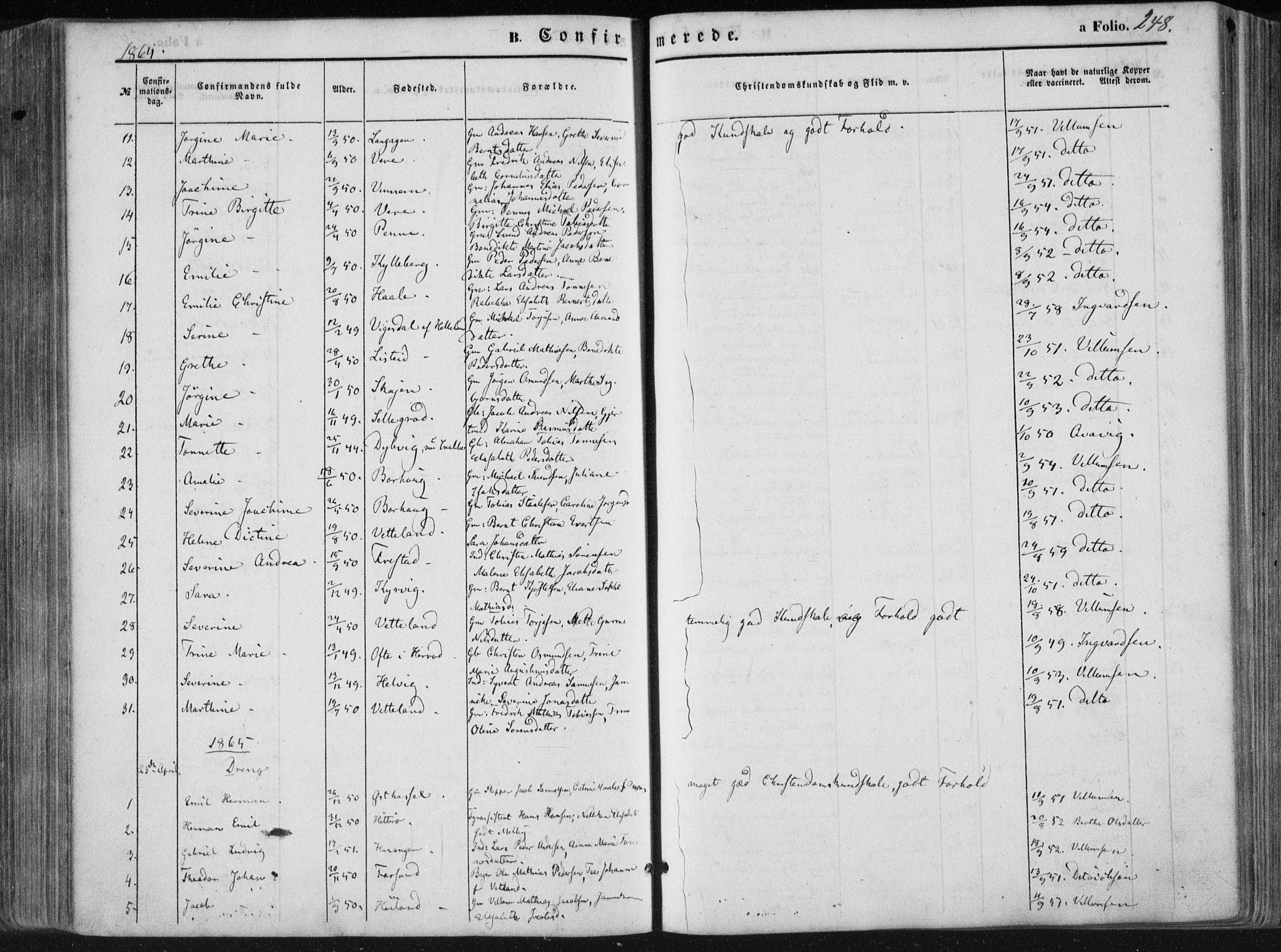 Lista sokneprestkontor, AV/SAK-1111-0027/F/Fa/L0011: Parish register (official) no. A 11, 1861-1878, p. 248