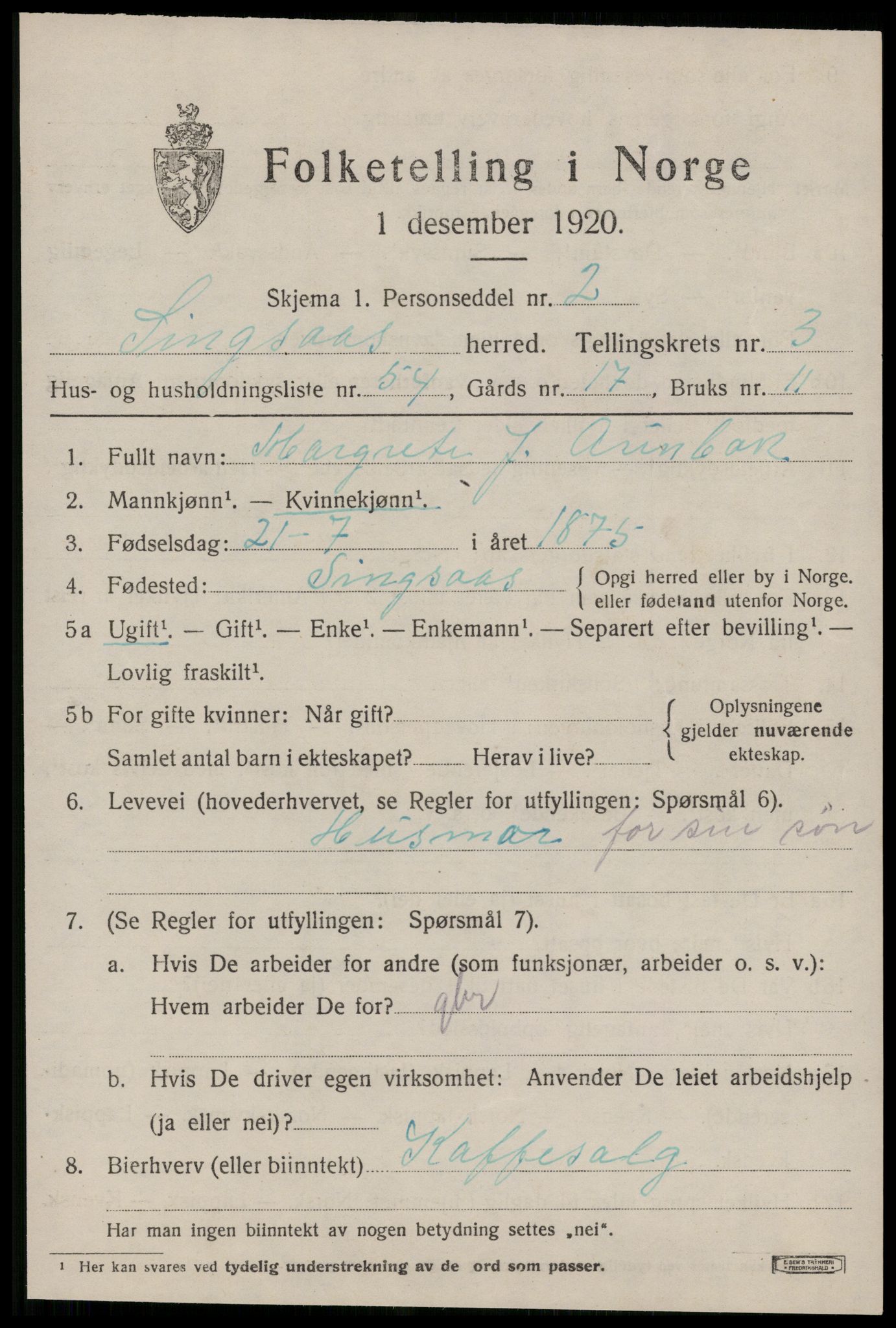 SAT, 1920 census for Singsås, 1920, p. 2115