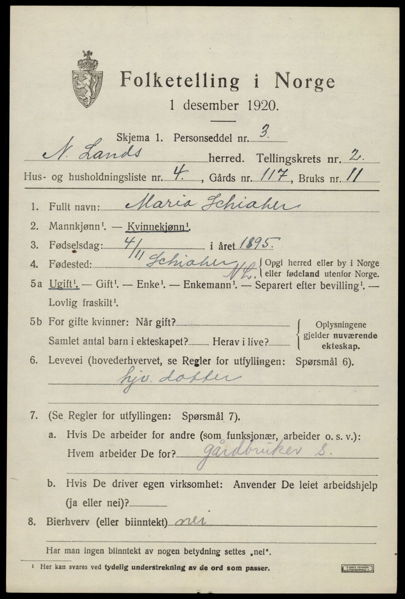 SAH, 1920 census for Nordre Land, 1920, p. 1682