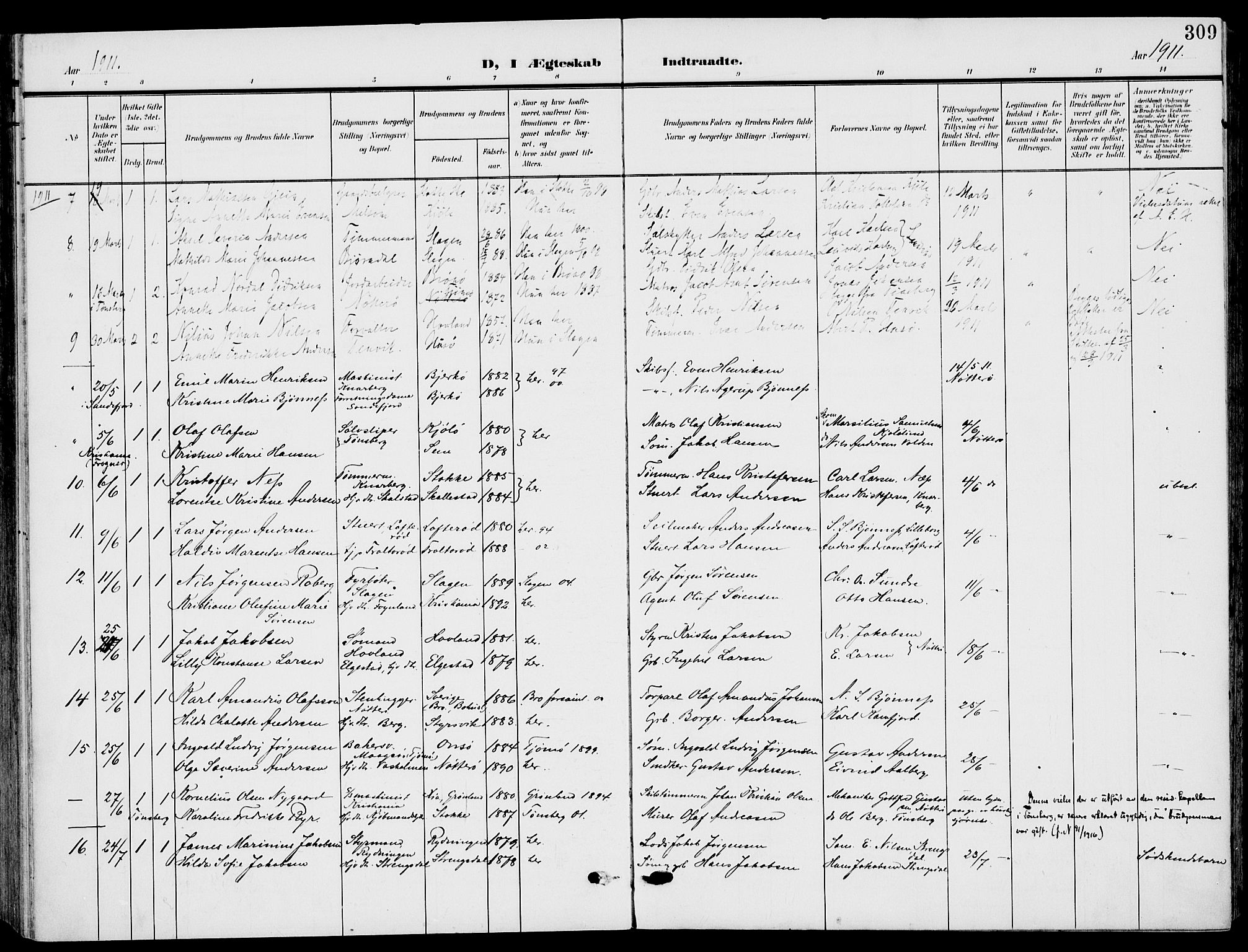 Nøtterøy kirkebøker, AV/SAKO-A-354/F/Fa/L0010: Parish register (official) no. I 10, 1908-1919, p. 309