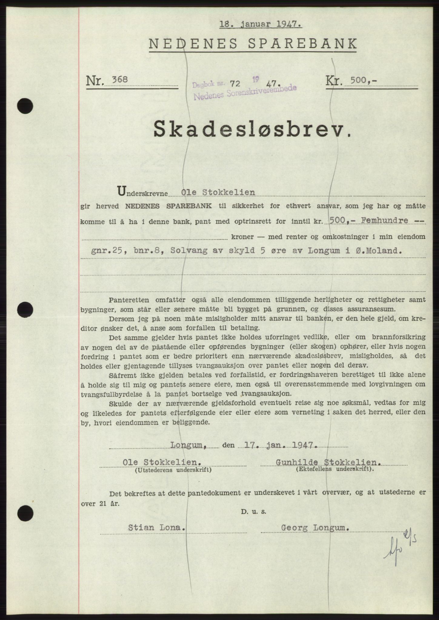 Nedenes sorenskriveri, AV/SAK-1221-0006/G/Gb/Gbb/L0004: Mortgage book no. B4, 1947-1947, Diary no: : 72/1947