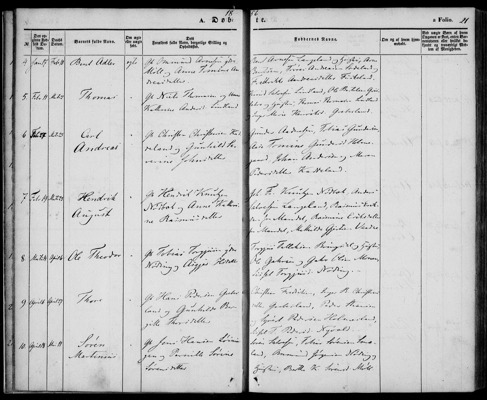 Holum sokneprestkontor, AV/SAK-1111-0022/F/Fa/Faa/L0005: Parish register (official) no. A 5, 1850-1864, p. 21