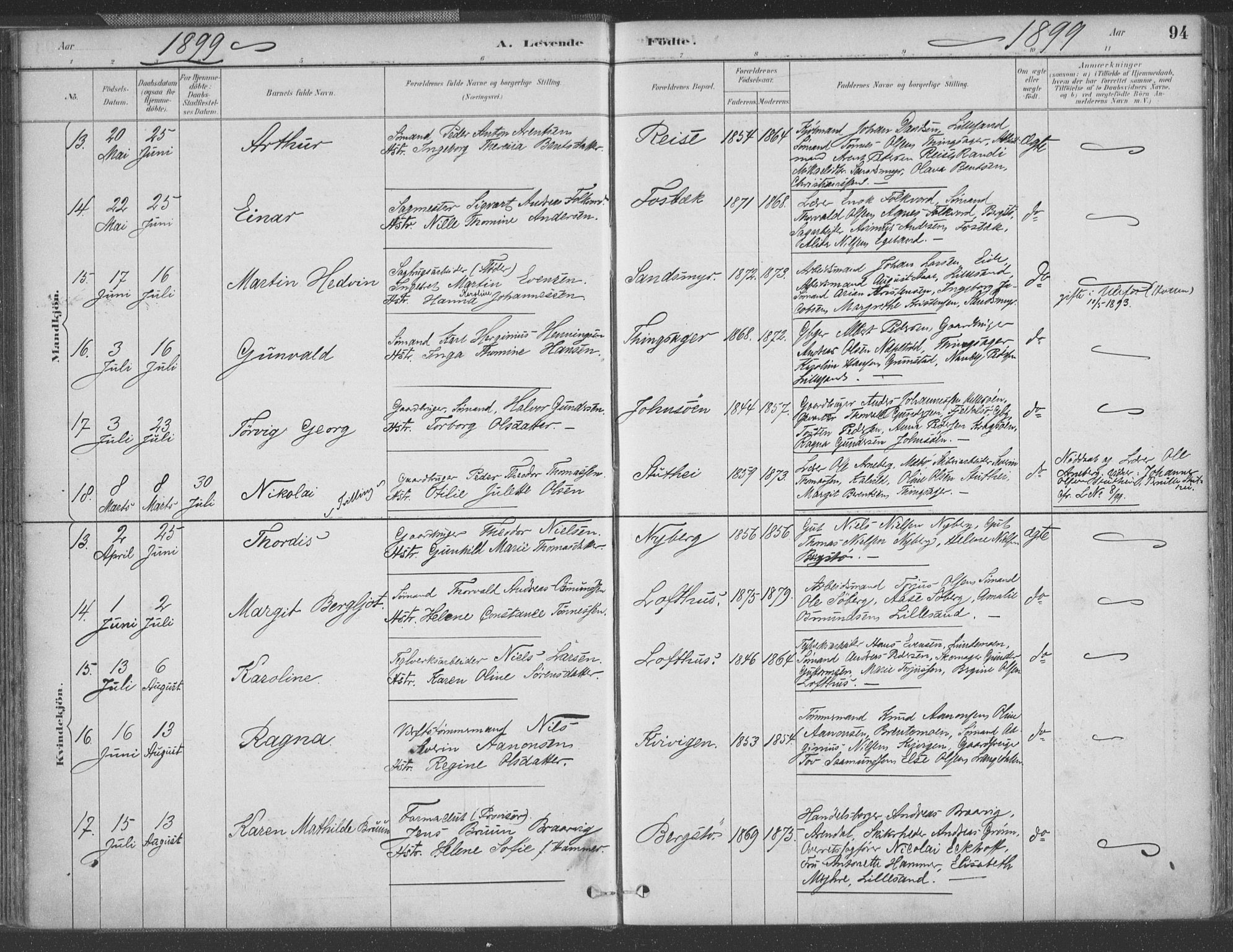 Vestre Moland sokneprestkontor, AV/SAK-1111-0046/F/Fa/Fab/L0009: Parish register (official) no. A 9, 1884-1899, p. 94