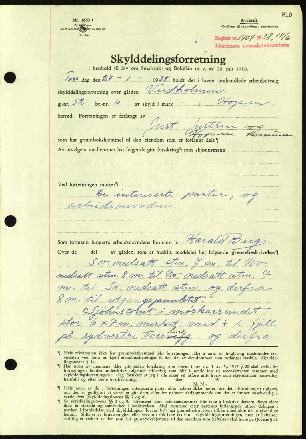 Nordmøre sorenskriveri, AV/SAT-A-4132/1/2/2Ca: Mortgage book no. A83, 1938-1938, Diary no: : 1404/1938