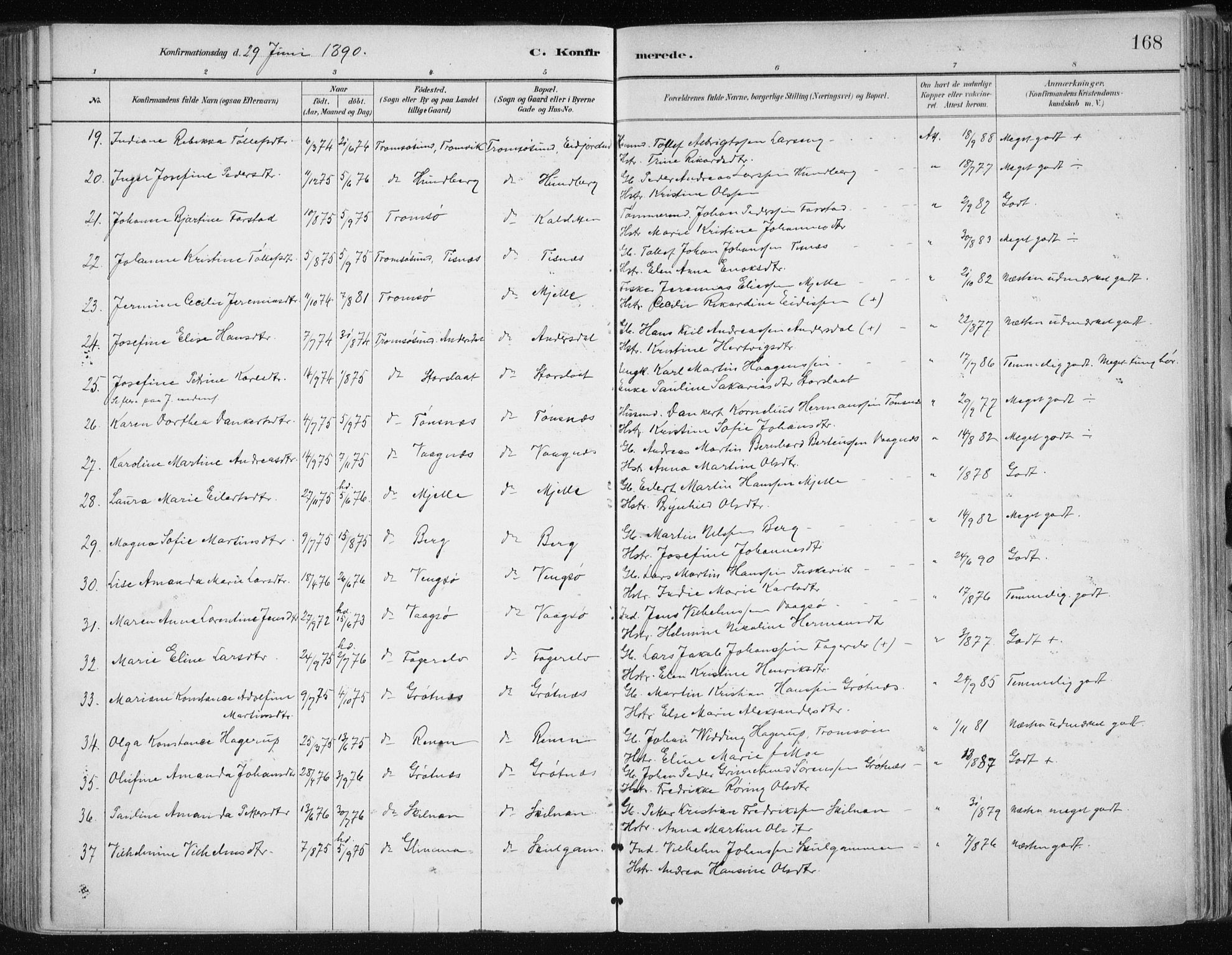 Tromsøysund sokneprestkontor, AV/SATØ-S-1304/G/Ga/L0005kirke: Parish register (official) no. 5, 1888-1896, p. 168