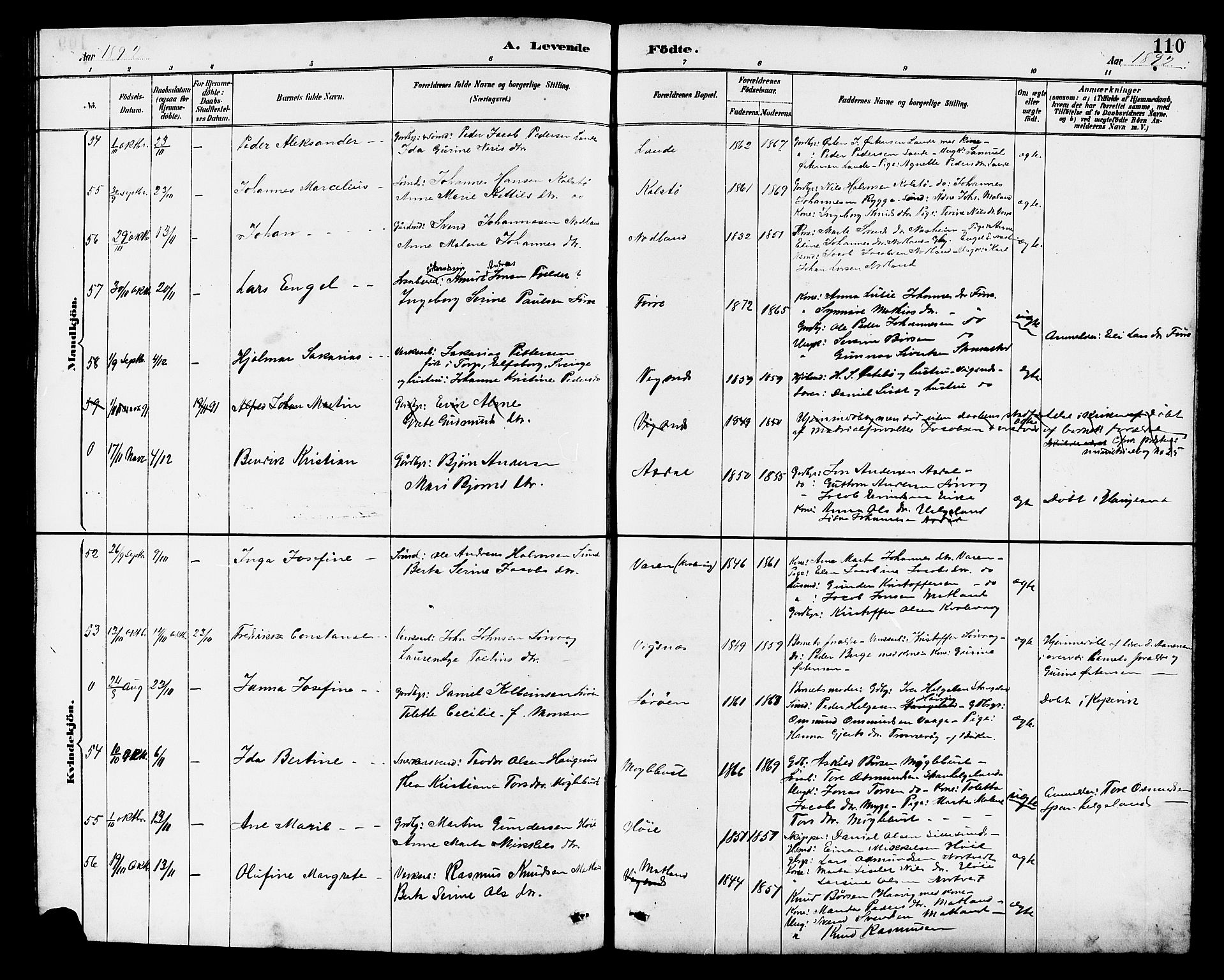 Avaldsnes sokneprestkontor, AV/SAST-A -101851/H/Ha/Hab/L0007: Parish register (copy) no. B 7, 1885-1909, p. 110