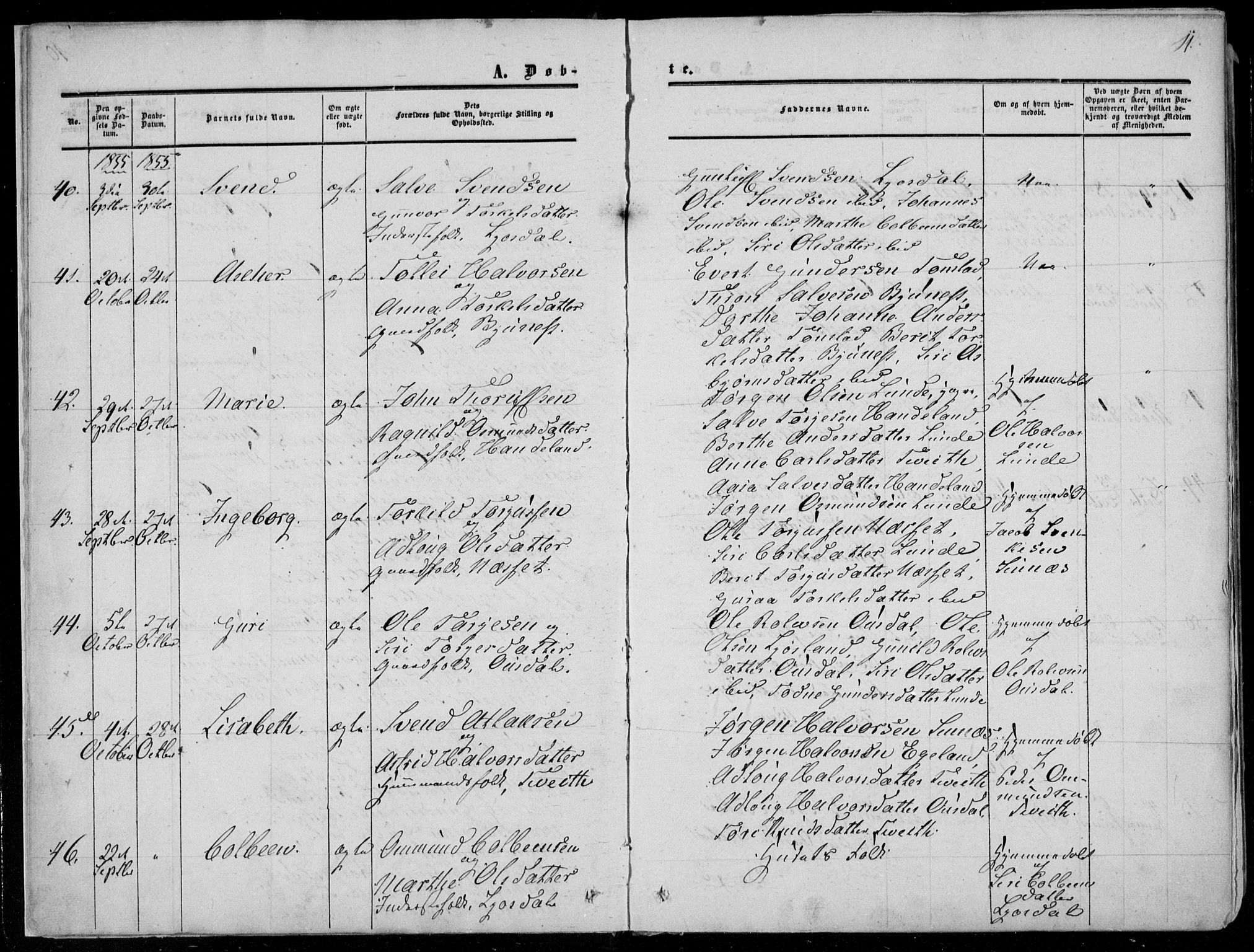 Sirdal sokneprestkontor, AV/SAK-1111-0036/F/Fa/Fab/L0002: Parish register (official) no. A 2, 1855-1874, p. 11