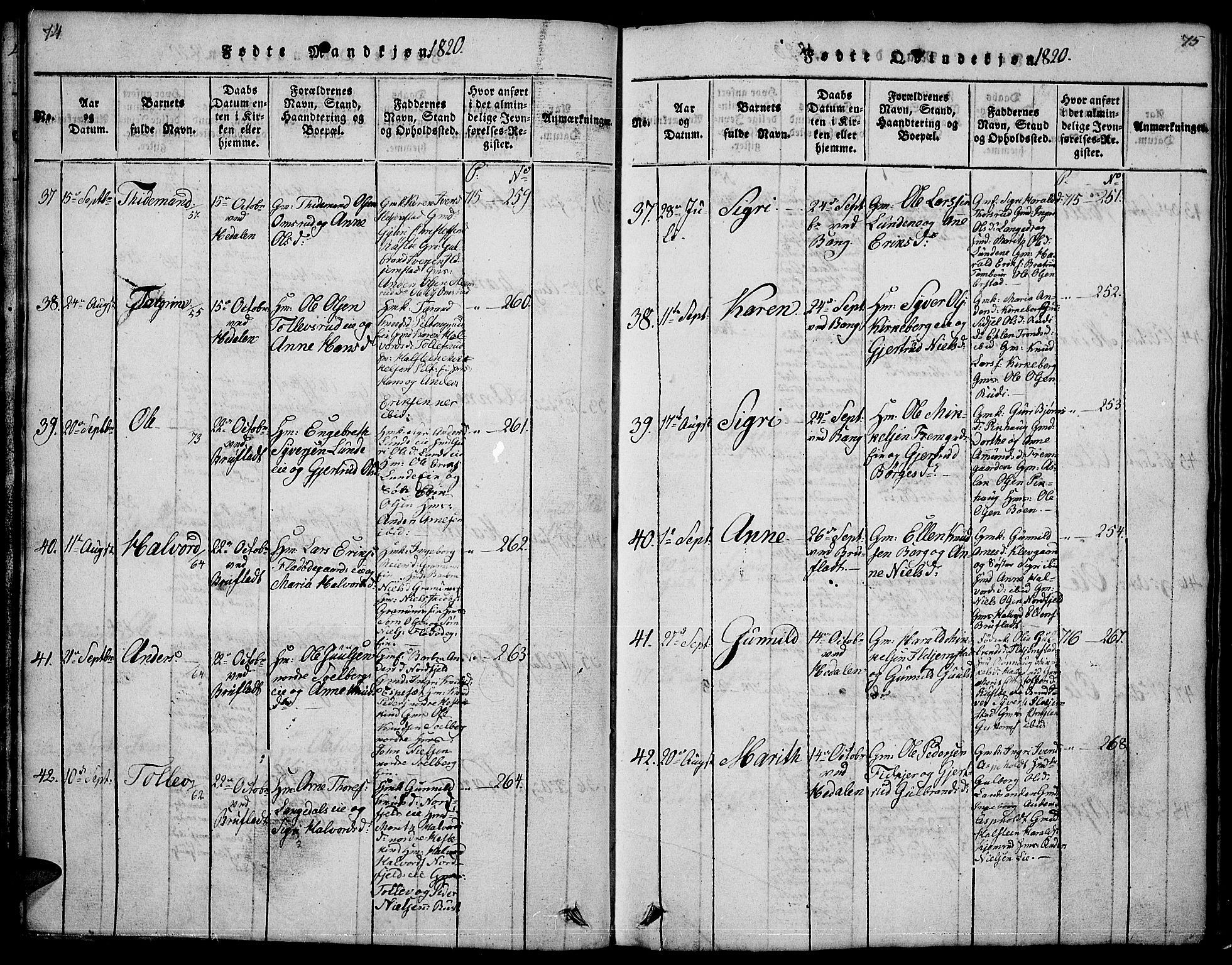 Sør-Aurdal prestekontor, AV/SAH-PREST-128/H/Ha/Hab/L0001: Parish register (copy) no. 1, 1815-1826, p. 74-75