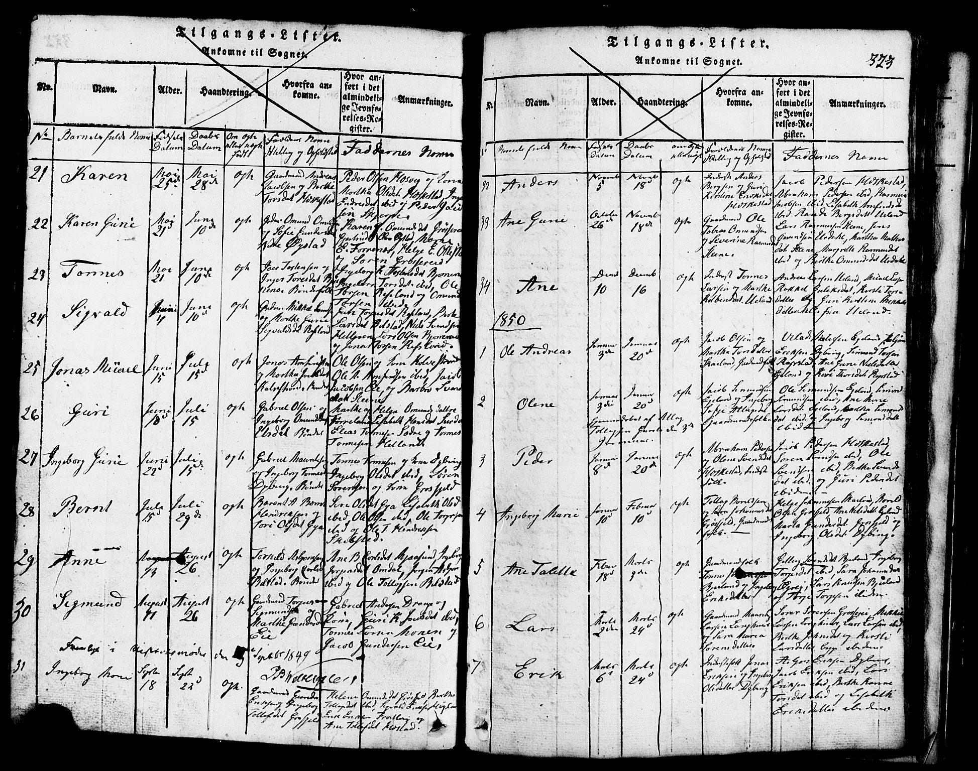 Lund sokneprestkontor, SAST/A-101809/S07/L0001: Parish register (copy) no. B 1, 1815-1853, p. 323