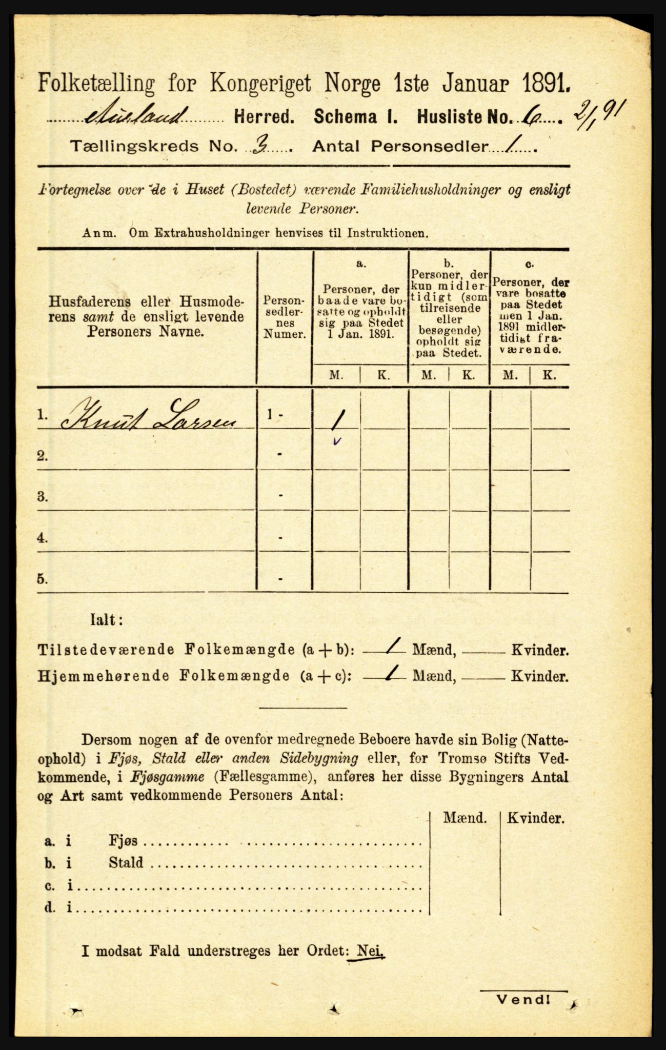 RA, 1891 census for 1421 Aurland, 1891, p. 882