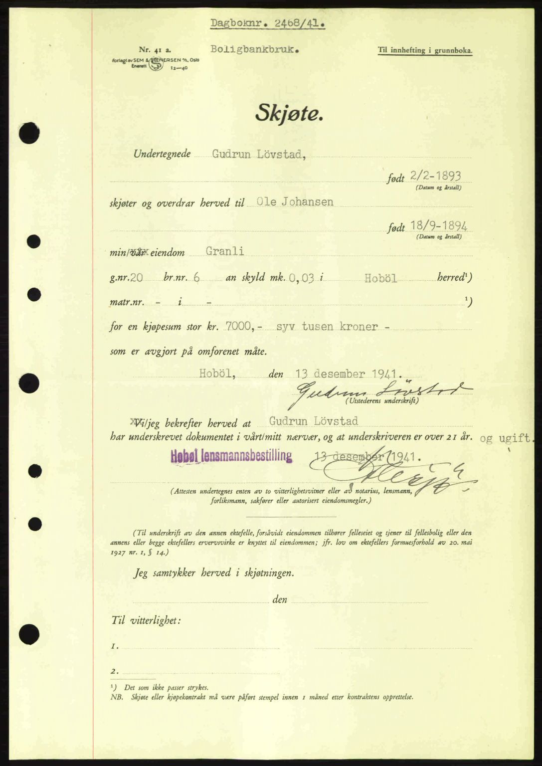 Moss sorenskriveri, SAO/A-10168: Mortgage book no. A9, 1941-1942, Diary no: : 2468/1941