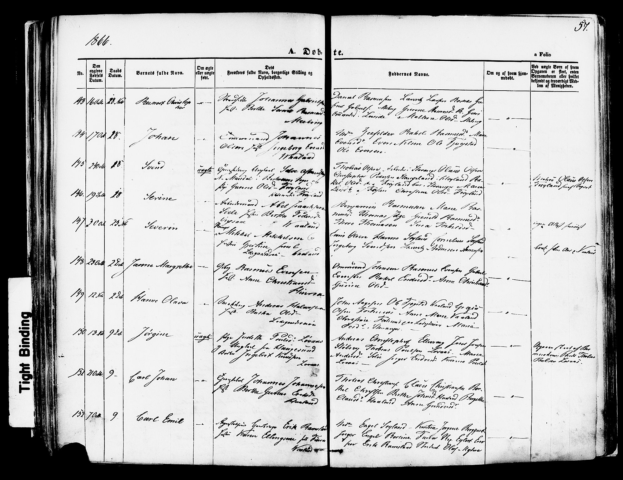 Hetland sokneprestkontor, SAST/A-101826/30/30BA/L0003: Parish register (official) no. A 3, 1862-1876, p. 57