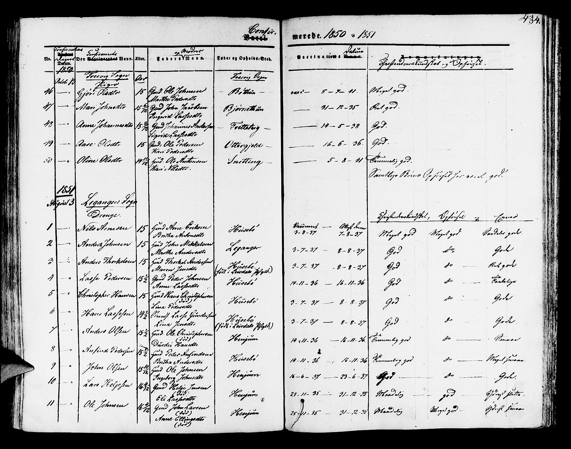 Leikanger sokneprestembete, AV/SAB-A-81001/H/Haa/Haaa/L0007: Parish register (official) no. A 7, 1838-1851, p. 434