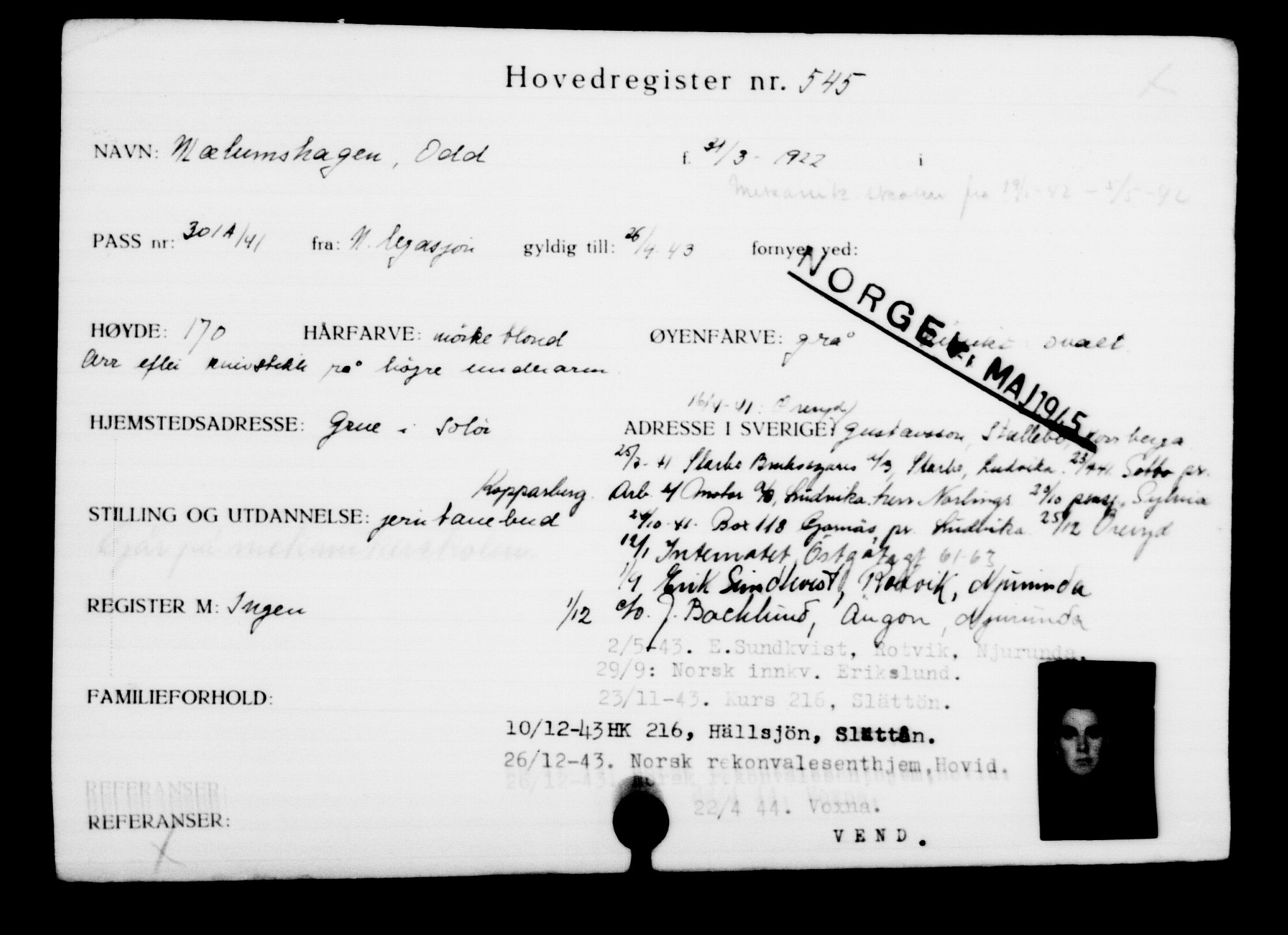 Utenriksstasjonene, Legasjonen i Stockholm, Flyktningkontoret, AV/RA-S-6753/V/Va/L0001: Kjesäterkartoteket, flyktninger med registreringsnr. 1-1000, 1940-1945, p. 847