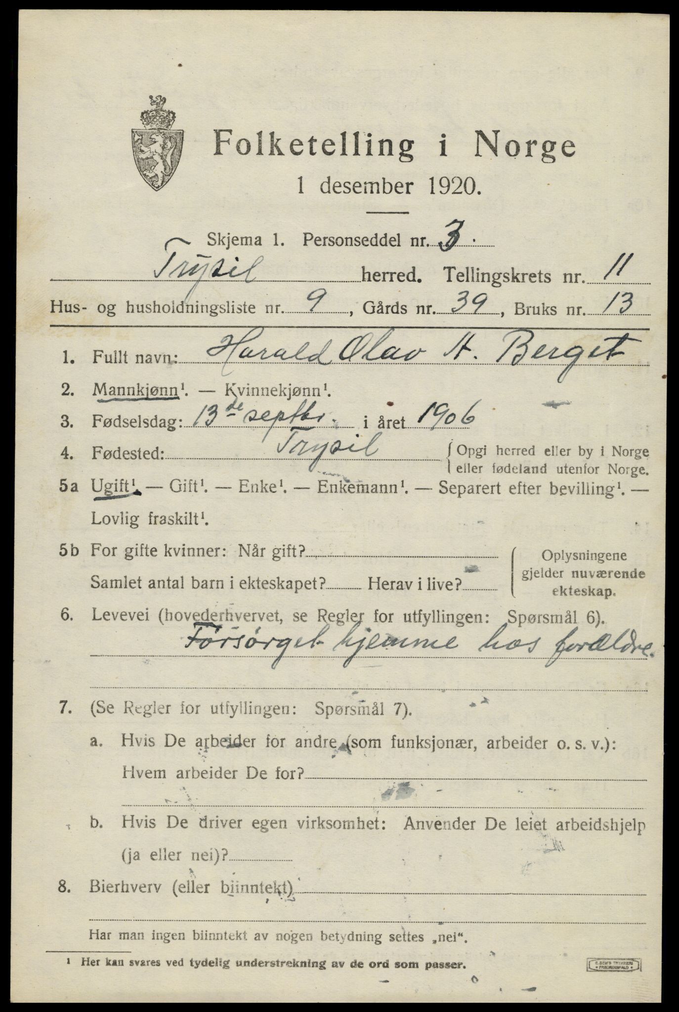 SAH, 1920 census for Trysil, 1920, p. 7059