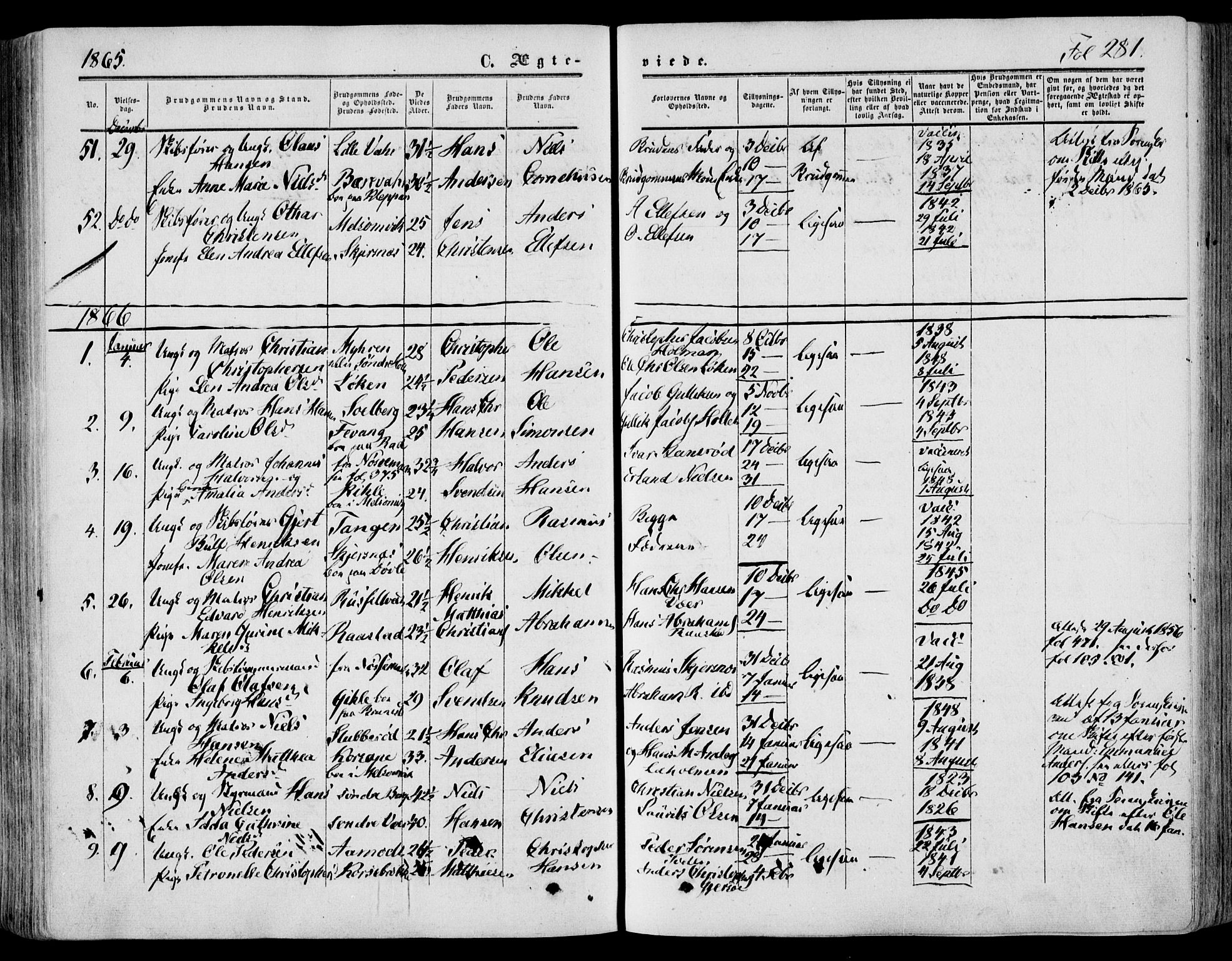 Stokke kirkebøker, AV/SAKO-A-320/F/Fa/L0008: Parish register (official) no. I 8, 1858-1871, p. 281