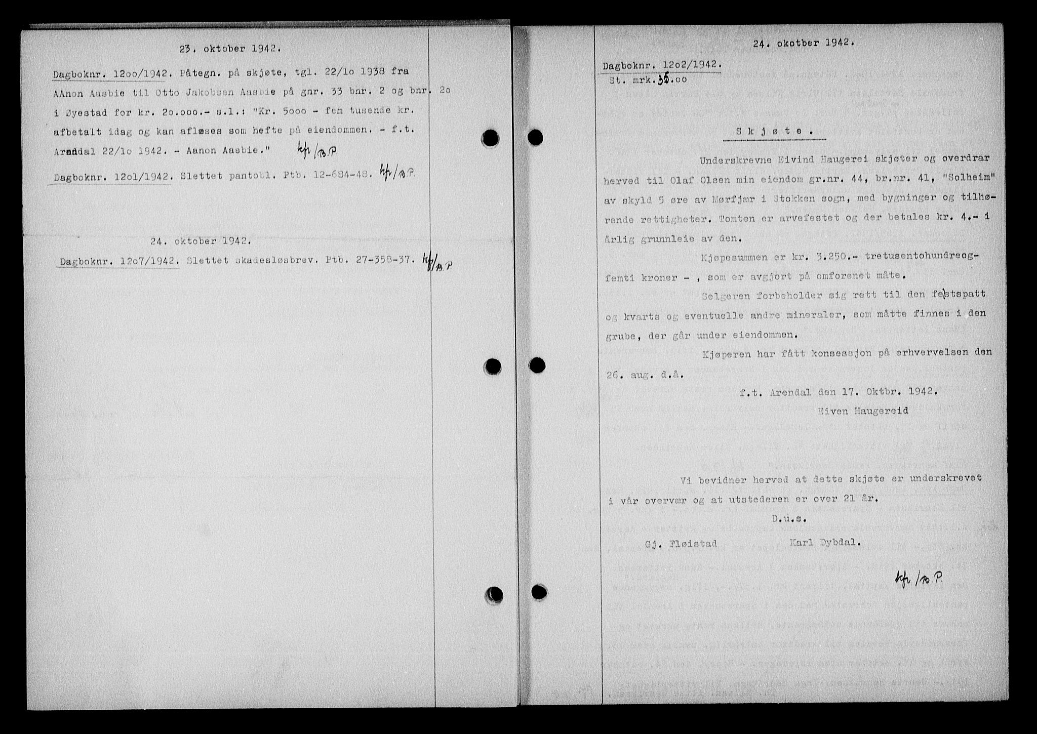 Nedenes sorenskriveri, SAK/1221-0006/G/Gb/Gba/L0050: Mortgage book no. A-IV, 1942-1943, Diary no: : 1202/1942