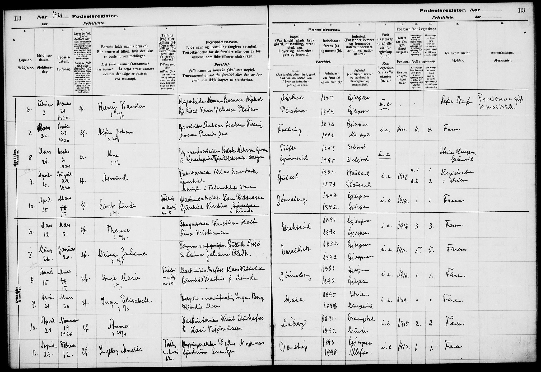 Gjerpen kirkebøker, SAKO/A-265/J/Ja/L0001: Birth register no. 1, 1916-1926, p. 113