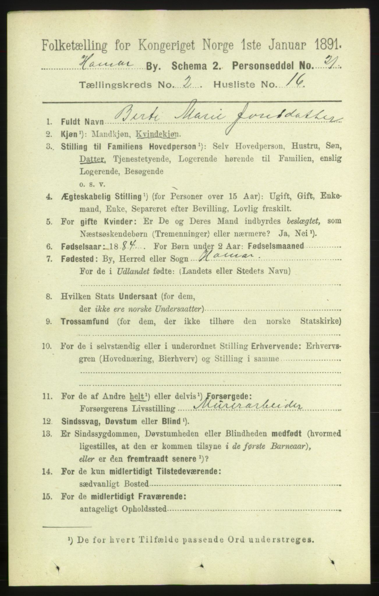 RA, 1891 census for 0401 Hamar, 1891, p. 1218
