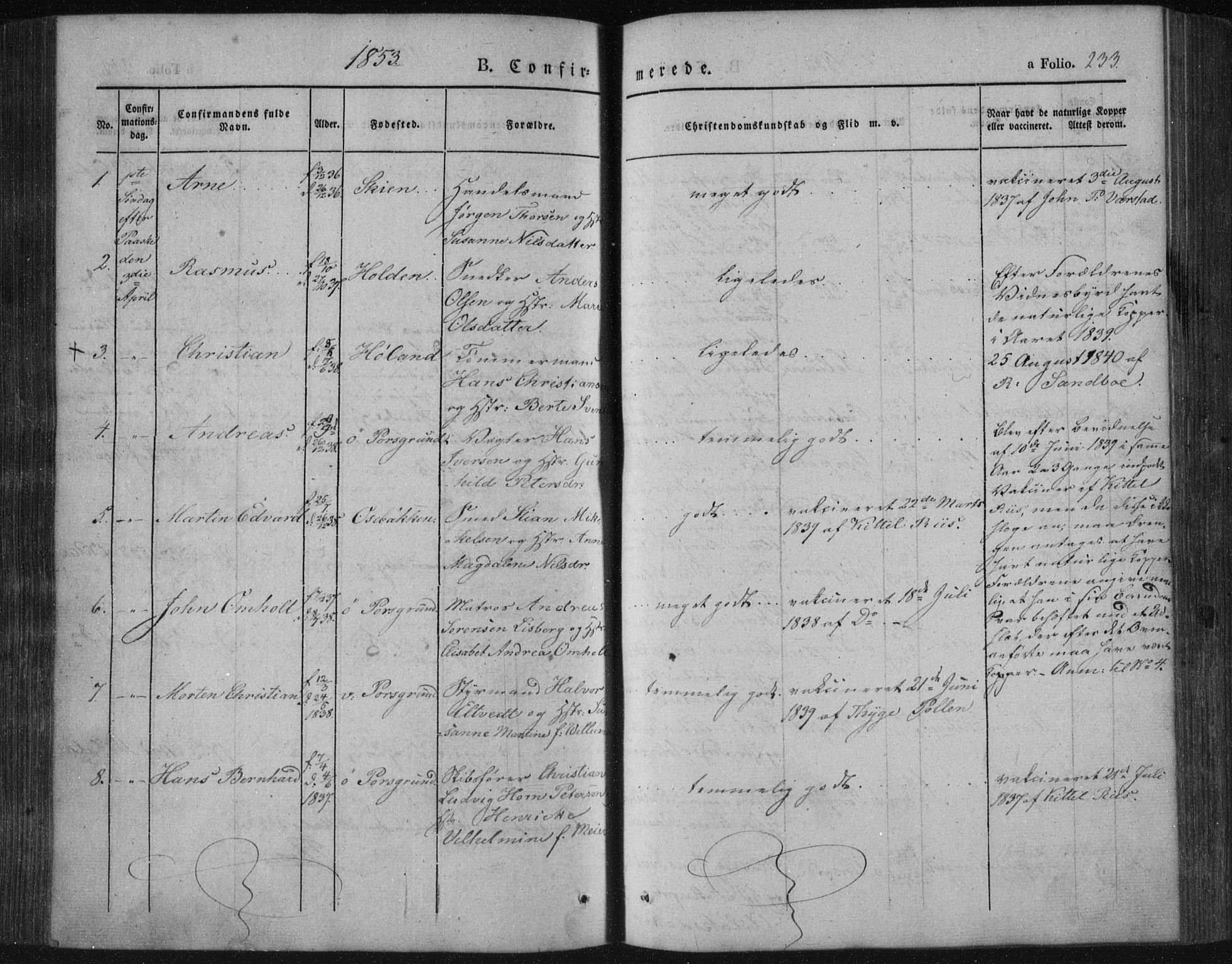 Porsgrunn kirkebøker , SAKO/A-104/F/Fa/L0006: Parish register (official) no. 6, 1841-1857, p. 233
