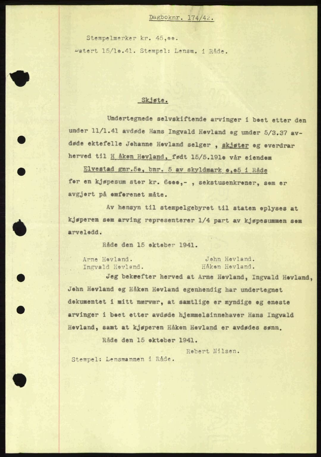 Moss sorenskriveri, AV/SAO-A-10168: Mortgage book no. A9, 1941-1942, Diary no: : 174/1942