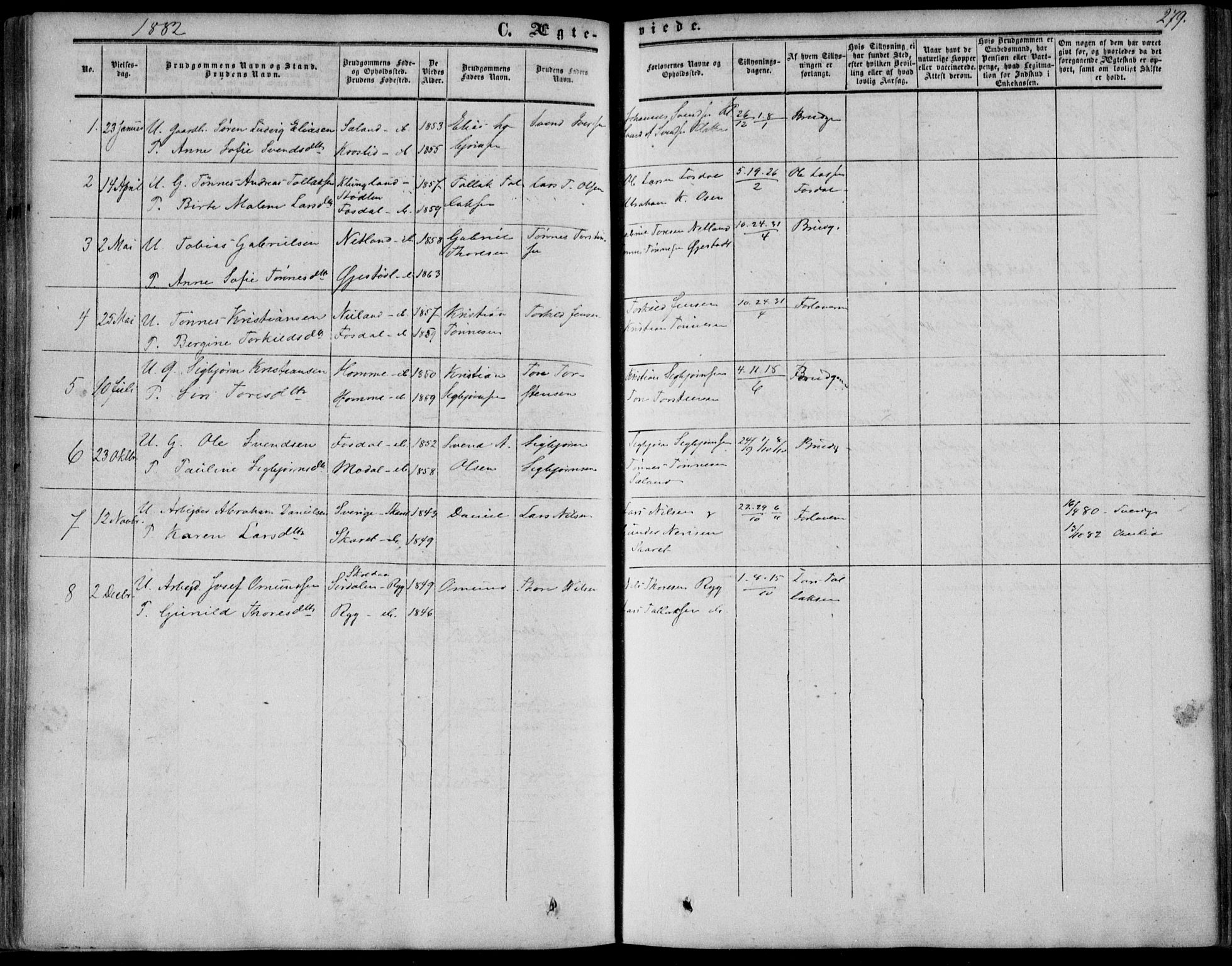 Bakke sokneprestkontor, SAK/1111-0002/F/Fa/Fab/L0002: Parish register (official) no. A 2, 1855-1884, p. 279