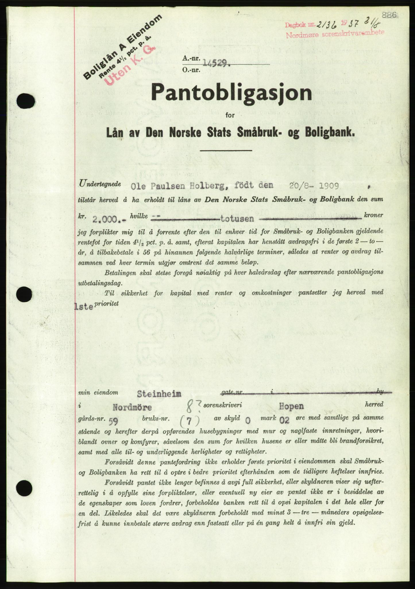 Nordmøre sorenskriveri, AV/SAT-A-4132/1/2/2Ca/L0091: Mortgage book no. B81, 1937-1937, Diary no: : 2136/1937