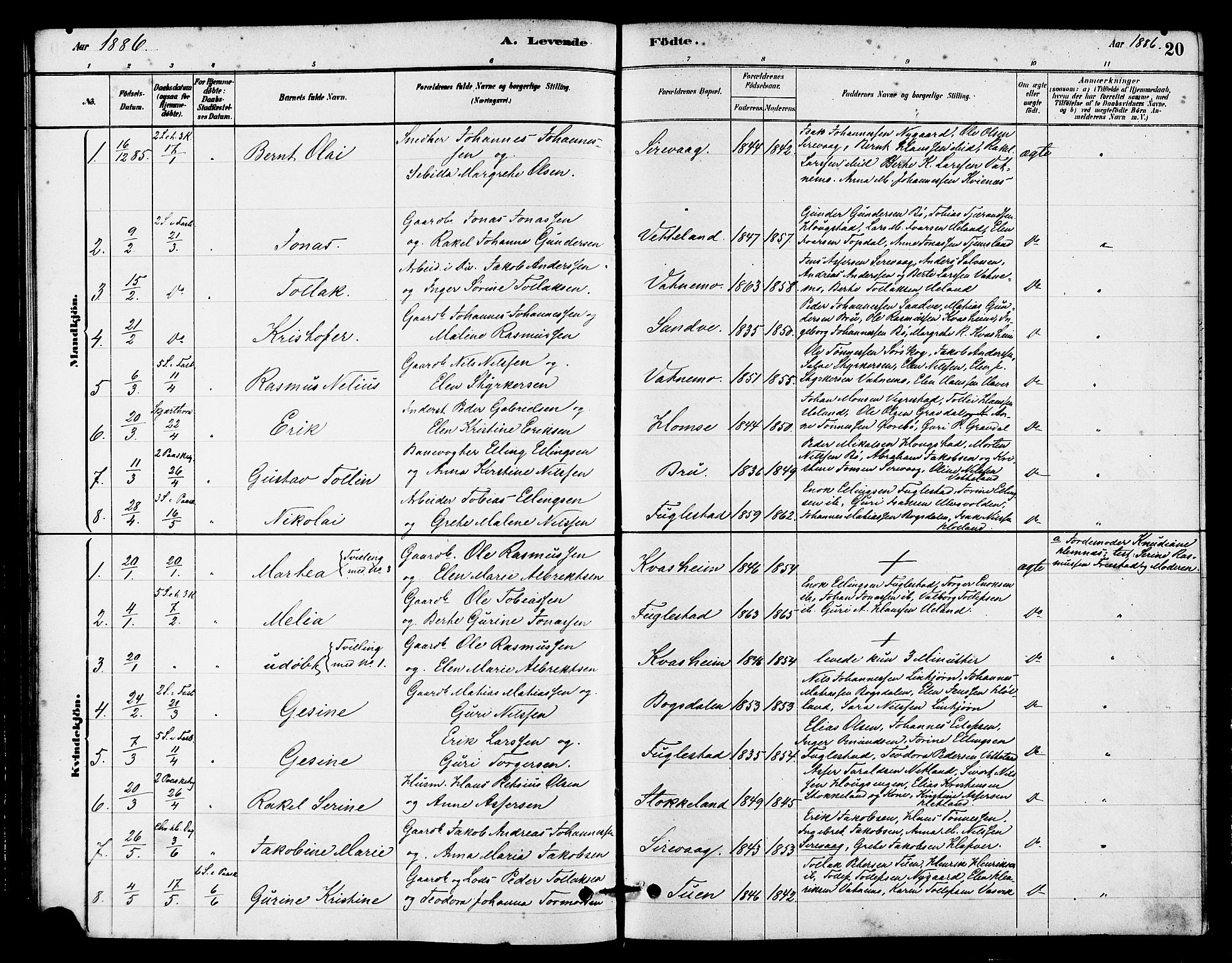 Eigersund sokneprestkontor, AV/SAST-A-101807/S08/L0016: Parish register (official) no. A 16, 1879-1893, p. 20