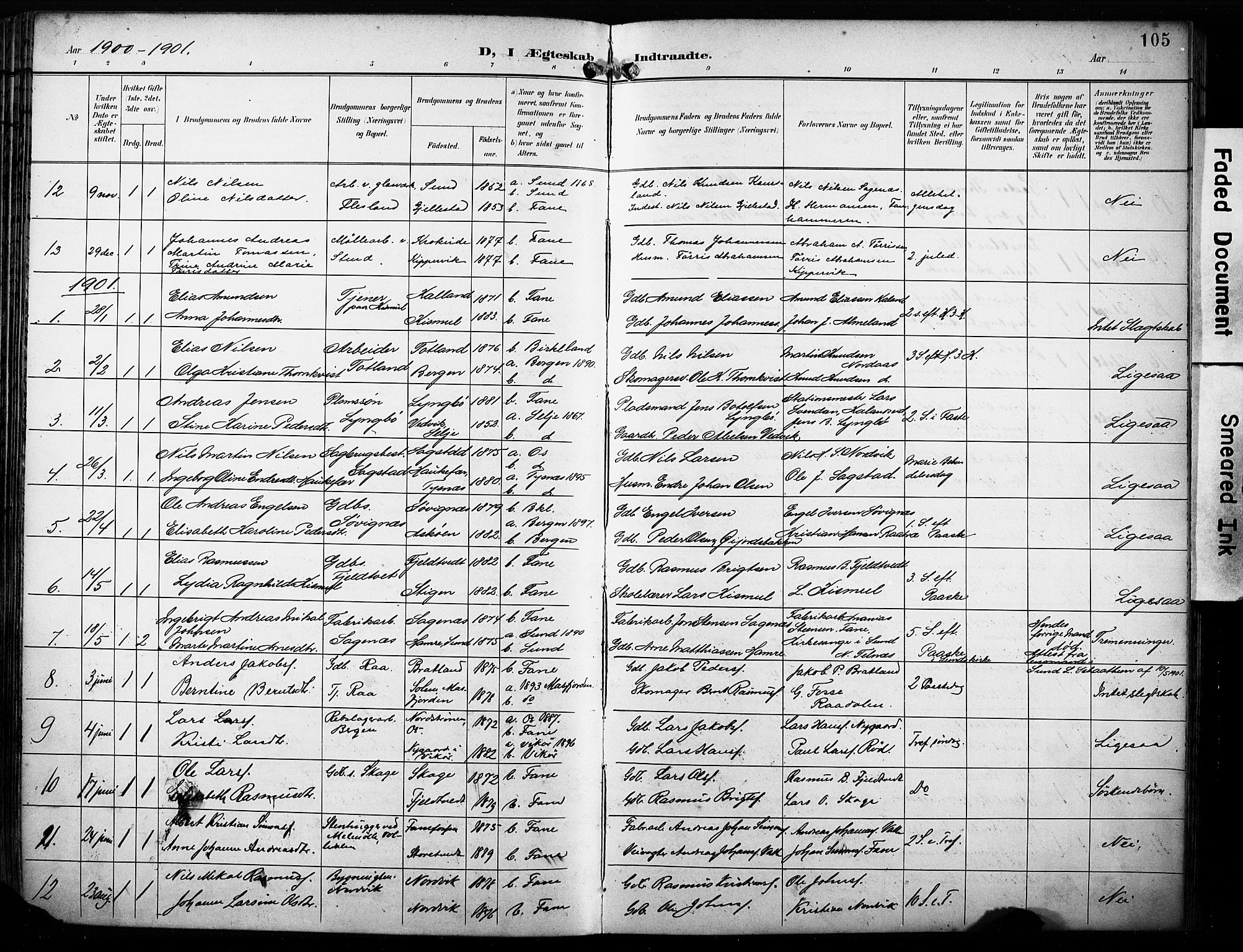 Fana Sokneprestembete, AV/SAB-A-75101/H/Haa/Haab/L0003: Parish register (official) no. B 3, 1898-1907, p. 105