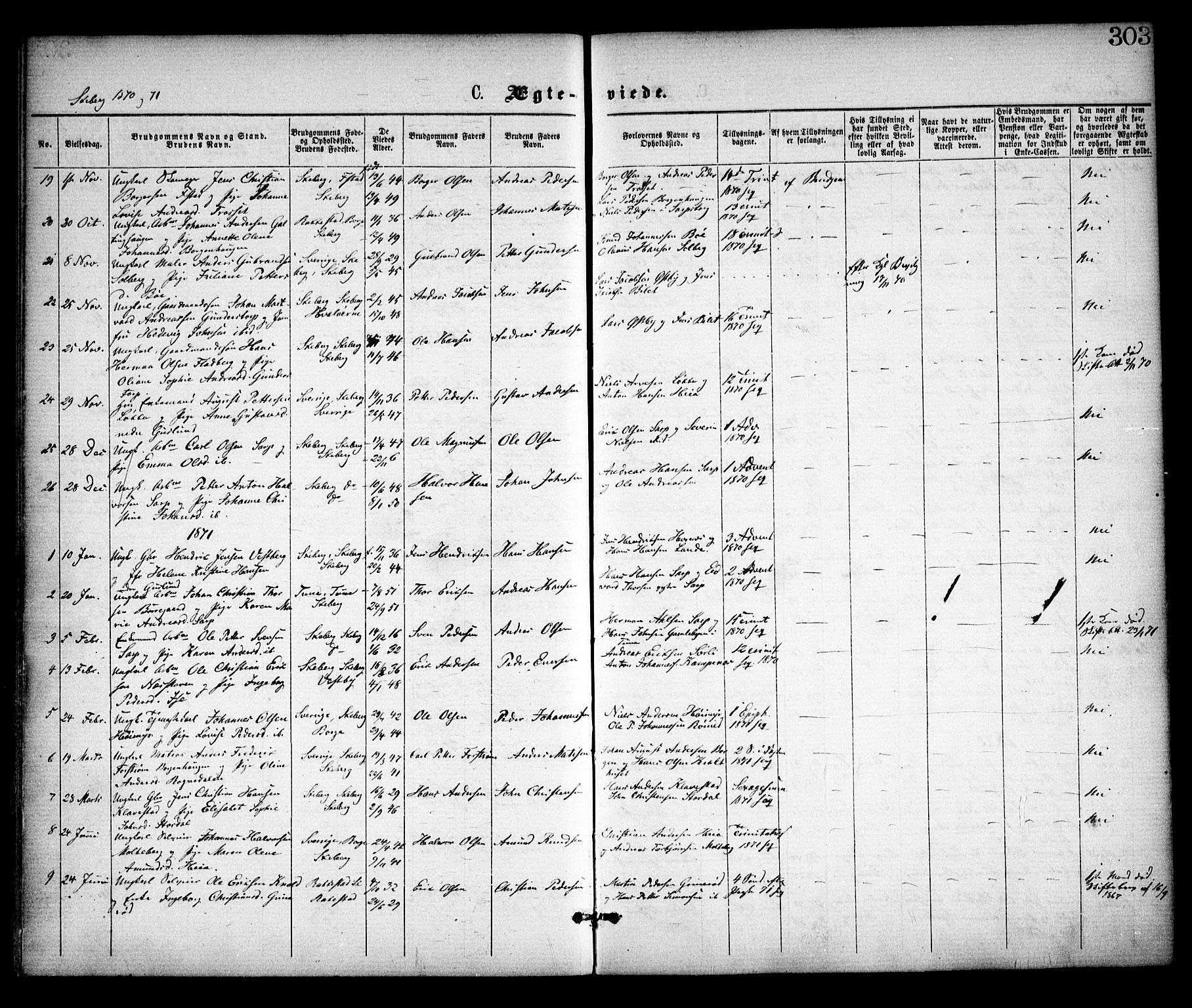 Skjeberg prestekontor Kirkebøker, SAO/A-10923/F/Fa/L0008: Parish register (official) no. I 8, 1869-1885, p. 303