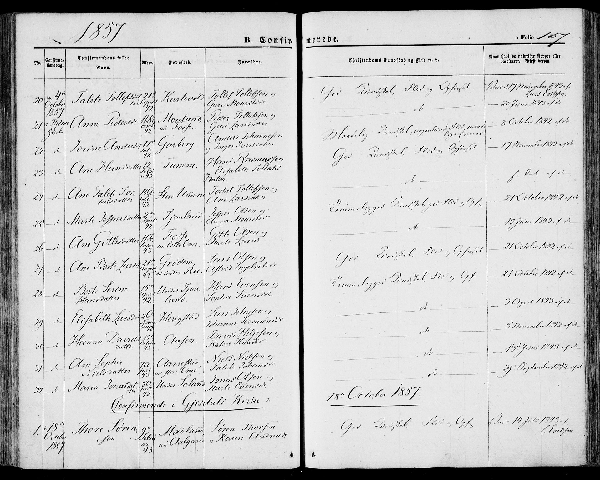 Lye sokneprestkontor, SAST/A-101794/001/30BA/L0007: Parish register (official) no. A 6, 1856-1871, p. 157