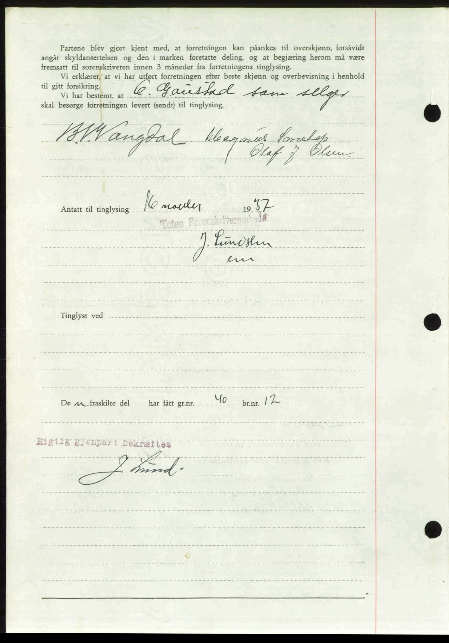 Toten tingrett, SAH/TING-006/H/Hb/Hbc/L0003: Mortgage book no. Hbc-03, 1937-1938, Diary no: : 2667/1937