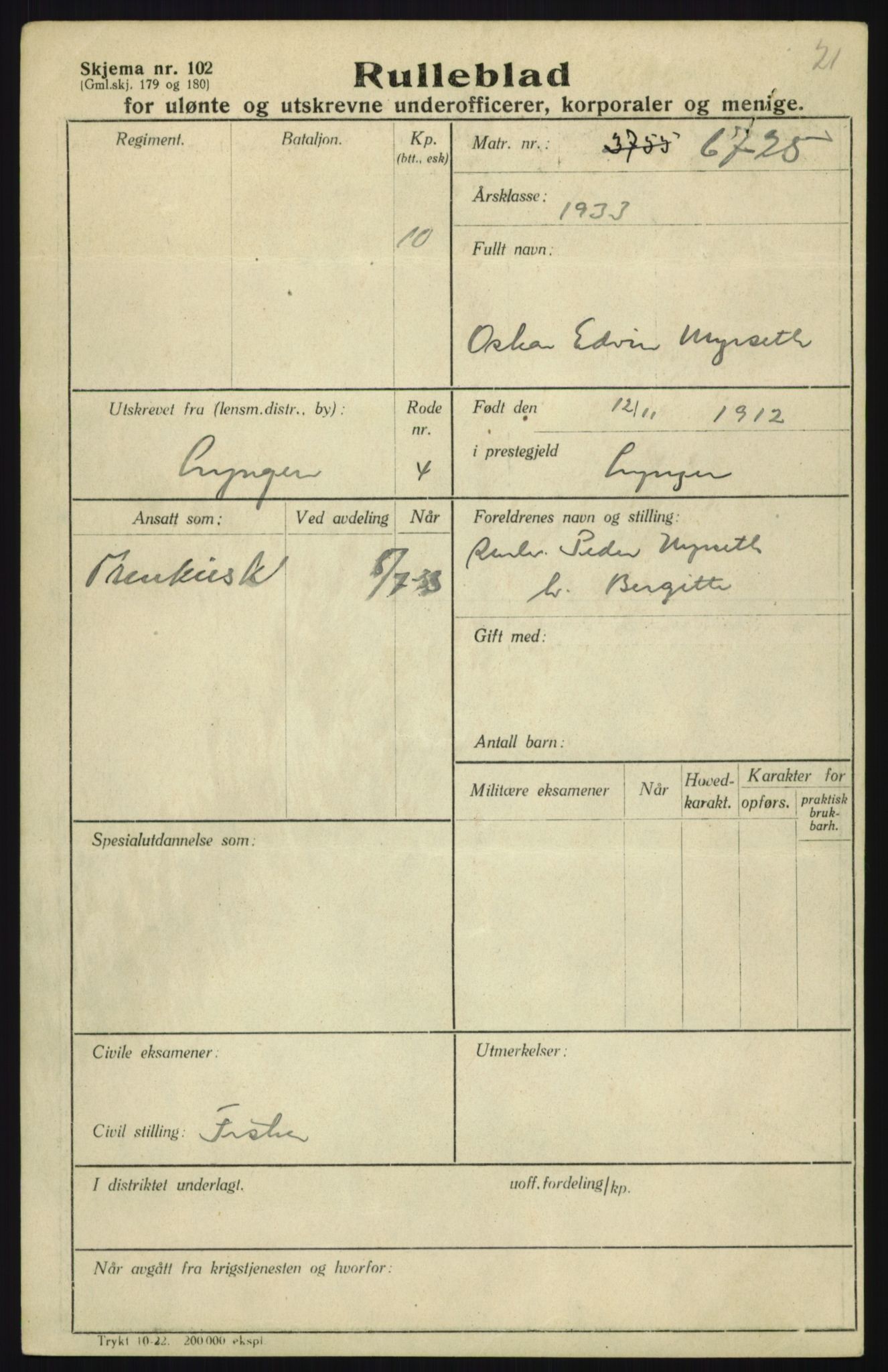 Forsvaret, Troms infanteriregiment nr. 16, AV/RA-RAFA-3146/P/Pa/L0017: Rulleblad for regimentets menige mannskaper, årsklasse 1933, 1933, p. 863